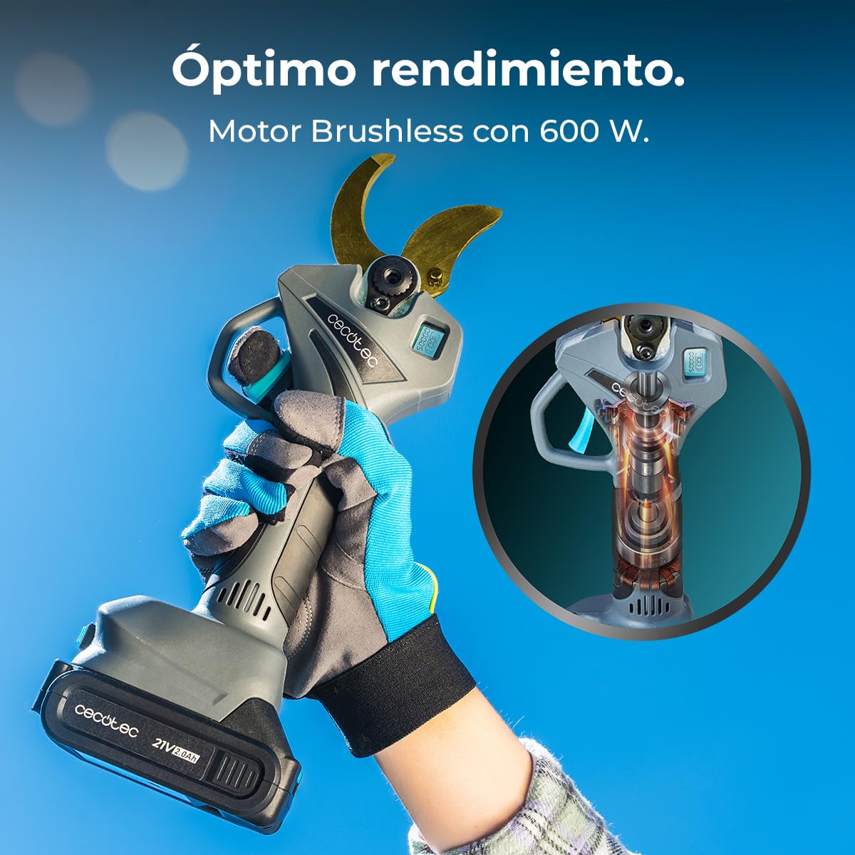 Cecotec Tijeras de Podar Eléctricas TitanCut 5000. 2 Baterías 21V, Motor sin Escobillas, Ramas hasta 40mm, Cuchillas con Revestimiento de Titanio, Control Digital, Incluye Maletín y Accesorios