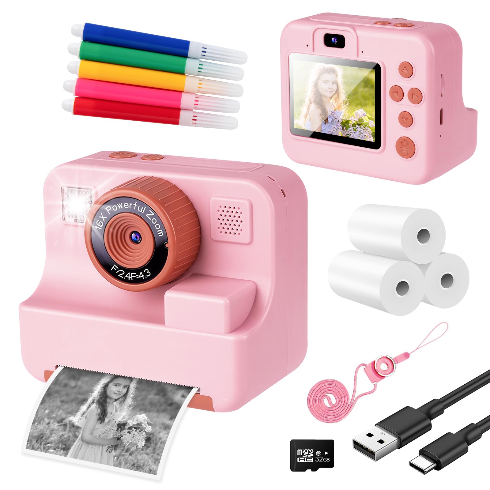 Fotocamera Istantanea Per Bambini Con Carta Termica E Scheda TF 32 GB – Schermo 2,4” E Penne Colorate, Regalo 3-14 Anni (Blu)