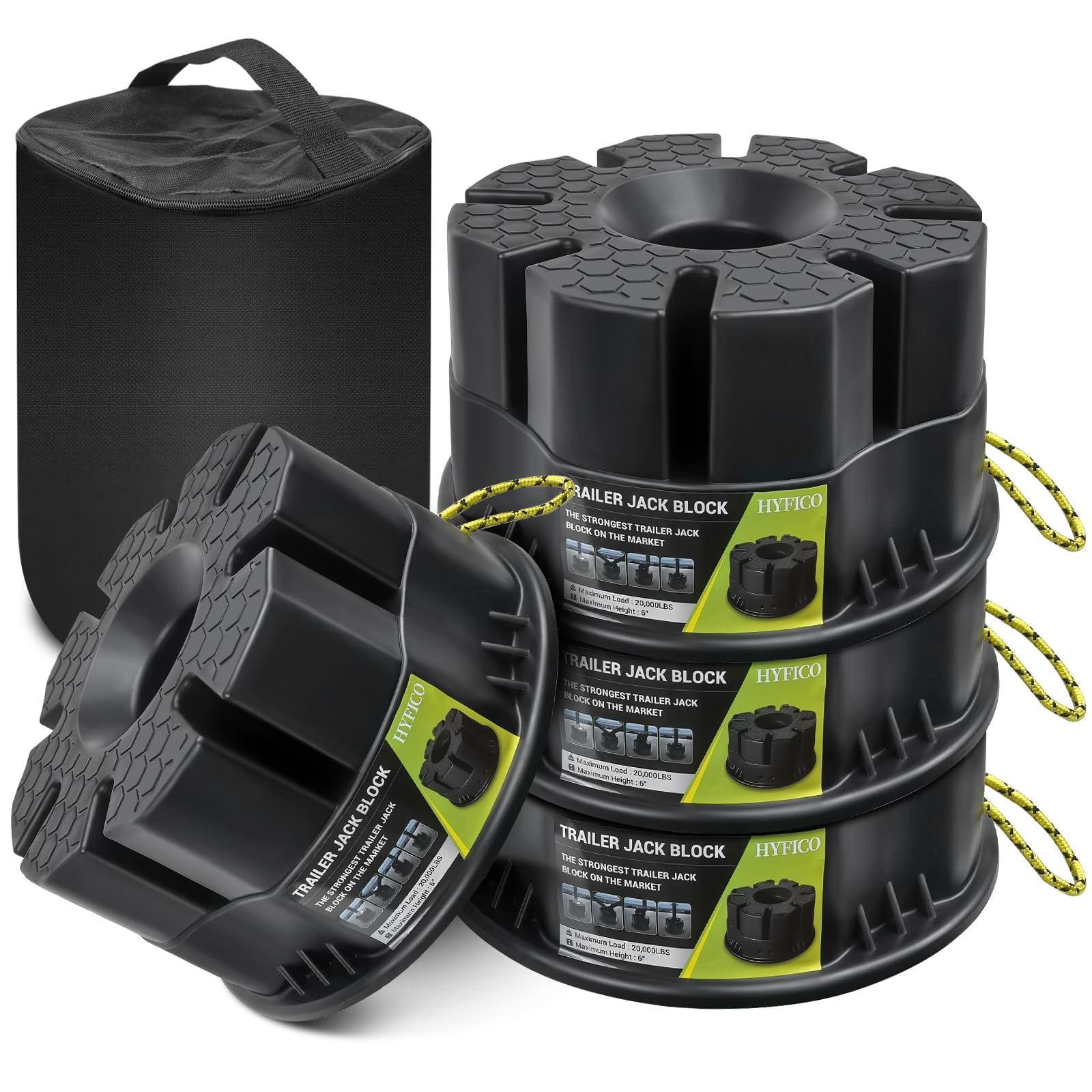 trailer jack block 4 pack - rv leveling blocks for travel trailers wheels and any jack, 20,000 lbs rv camper leveling blocks with bag, leveling blocks universal compatibility & convenient storage