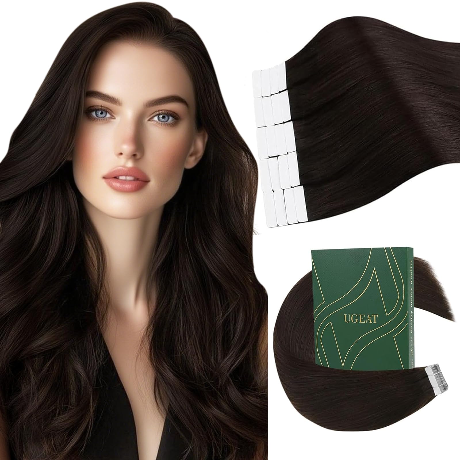 Ugeat Brown Tape in Hair Extensions Human Hair Darkest Brown Invisible Tape in Hair Extensions Straight Long Length for Women Daily Wear No Damage Add