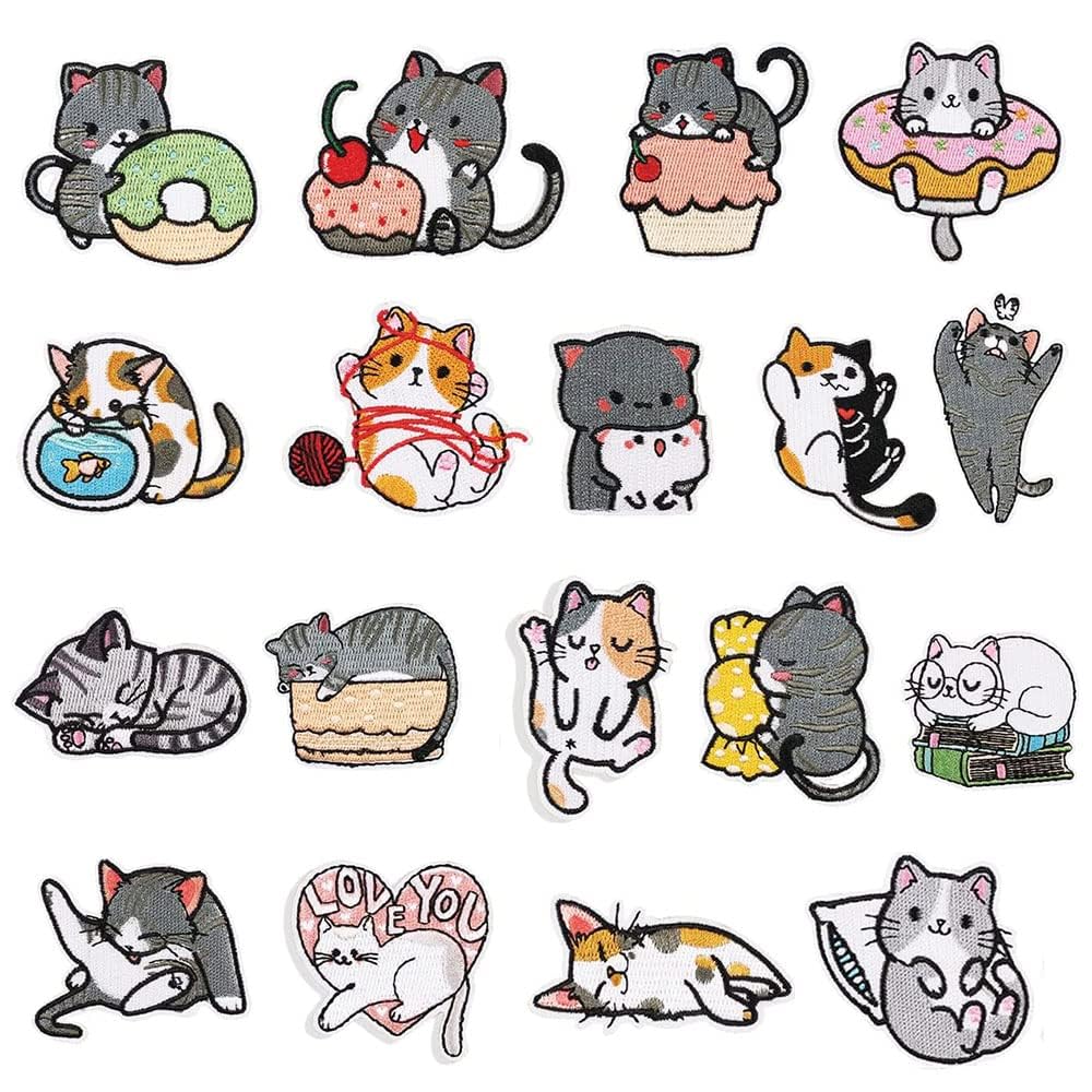 Excefore 18 Pcs Animals Iron on Patches Cat Embroidered Iron On Patches Fabric Repair Patch Self Adhesion Patches Sew On Patches DIY Motif Applique for Clothes Dress Jacket