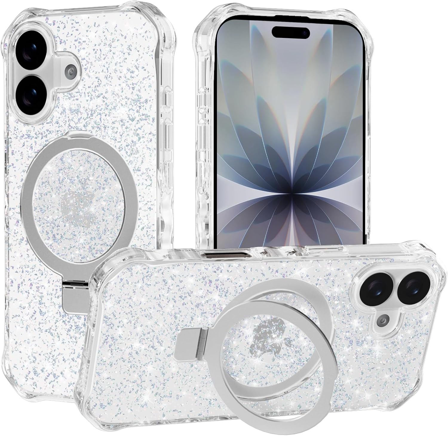 Magnetic for iPhone Air Case with Invisible Stand, Compatible with MagSafe, Clear Bling Sparkle Shockproof Slim Anti-Slip Military Drop Protection Hard Phone Case 6.5" Glitter Gold