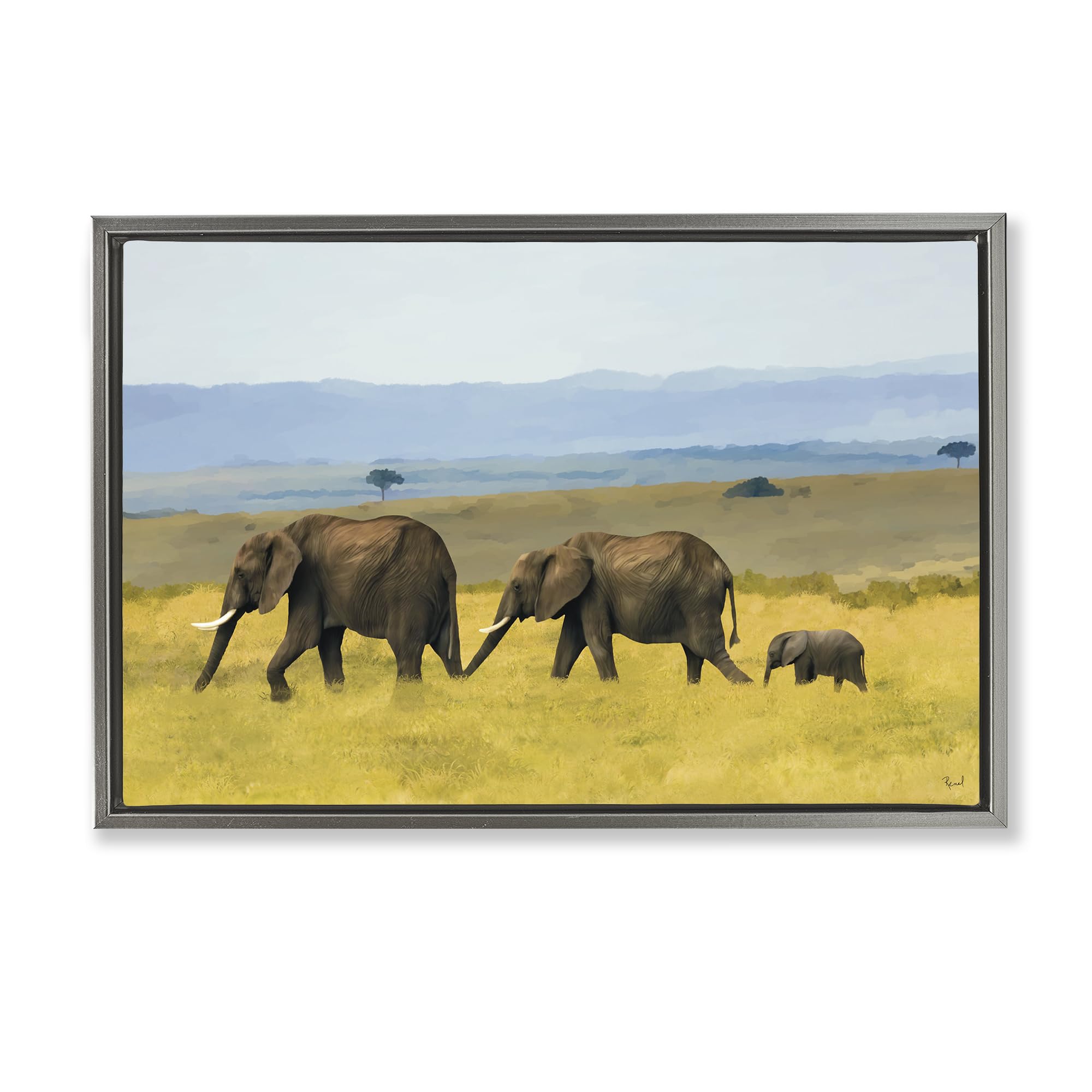 Stupell Industries Luster Gray (Matte) Elephants In The Grassland Safari, 20 X 30 Inch Canvas In Floater Frame