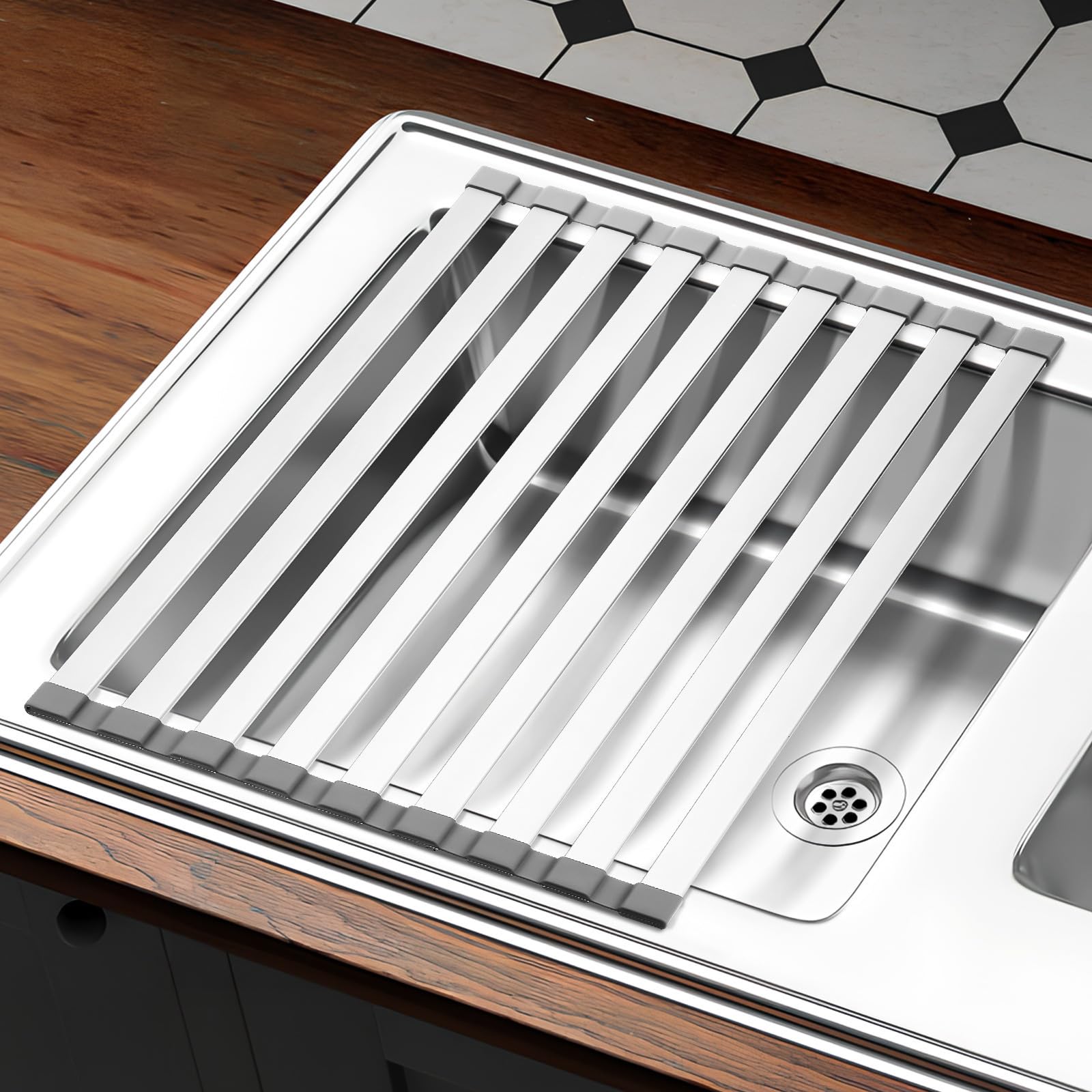 Escurreplatos Enrollable para Fregadero de Cocina Diseño Versátil y Compacto de Aluminio Adecuado para Cocinas y Restaurantes
