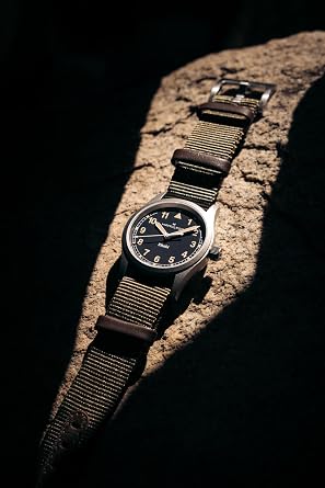 Hamilton Khaki Field Khaki Quartz Men's Watch, 33mm Stainless Steel Case, Swiss Made, Black Dial Analog Wrist Watch for Men, 50m Waterproof, Sapphire Crystal, Textile Strap
