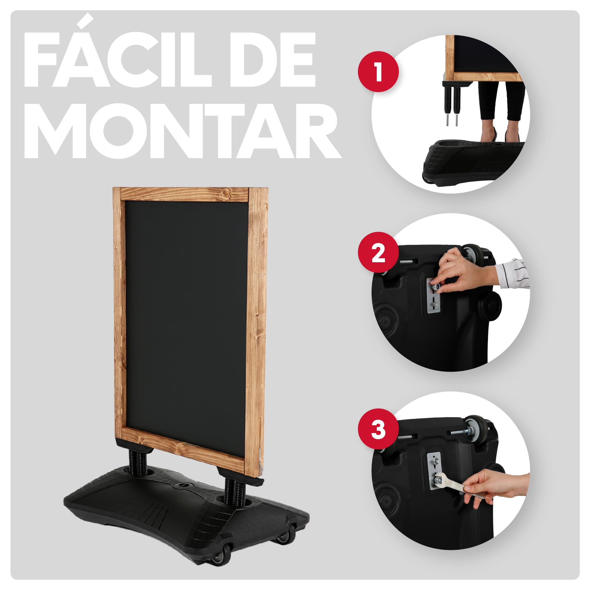 Pizarra Negra Doble Cara para Exterior con Base Rellenable y Ruedas | Pizarra Magnética y para Tiza y Rotulador | Marco de Madera de Haya | Cartel Publicitario para Hostelería (680x460 mm)