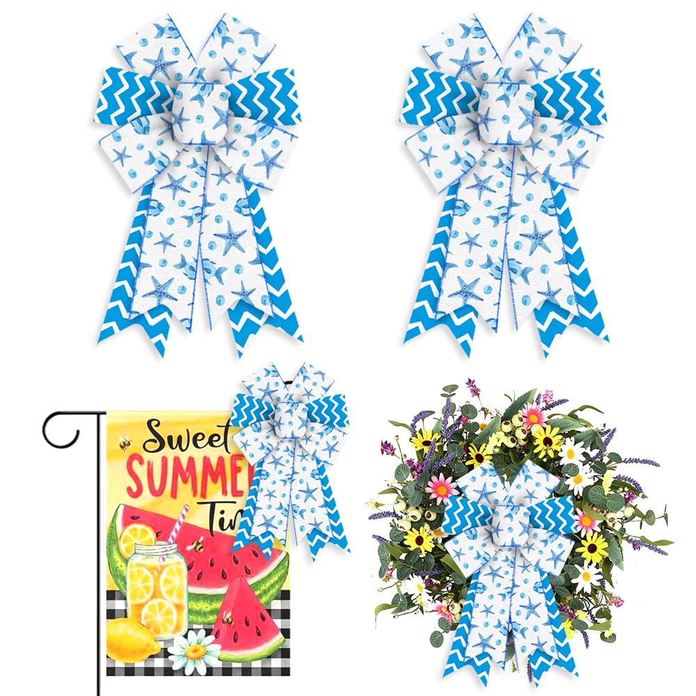 Hying2PCS Summer Ocean Bows for Wreath, Blue White Starfish Wreath Bows for Summer Décor, Spring Blue Beach Wave Bows for Front Door Indoor Outdoor Wall Tree Topper Decoration Supplies Ornament