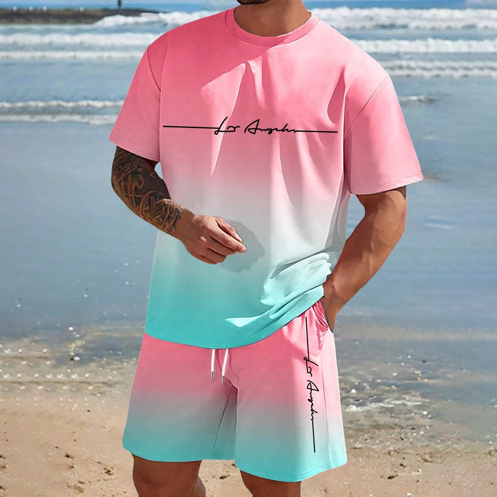 Generico Tuta Estiva da Uomo, 2 Pezzi, a Maniche Corte, per Lo Sport, Casual, Spiaggia, Jogging, Girocollo, Il Tempo Libero Traspirante Fitness Completi Sportivo