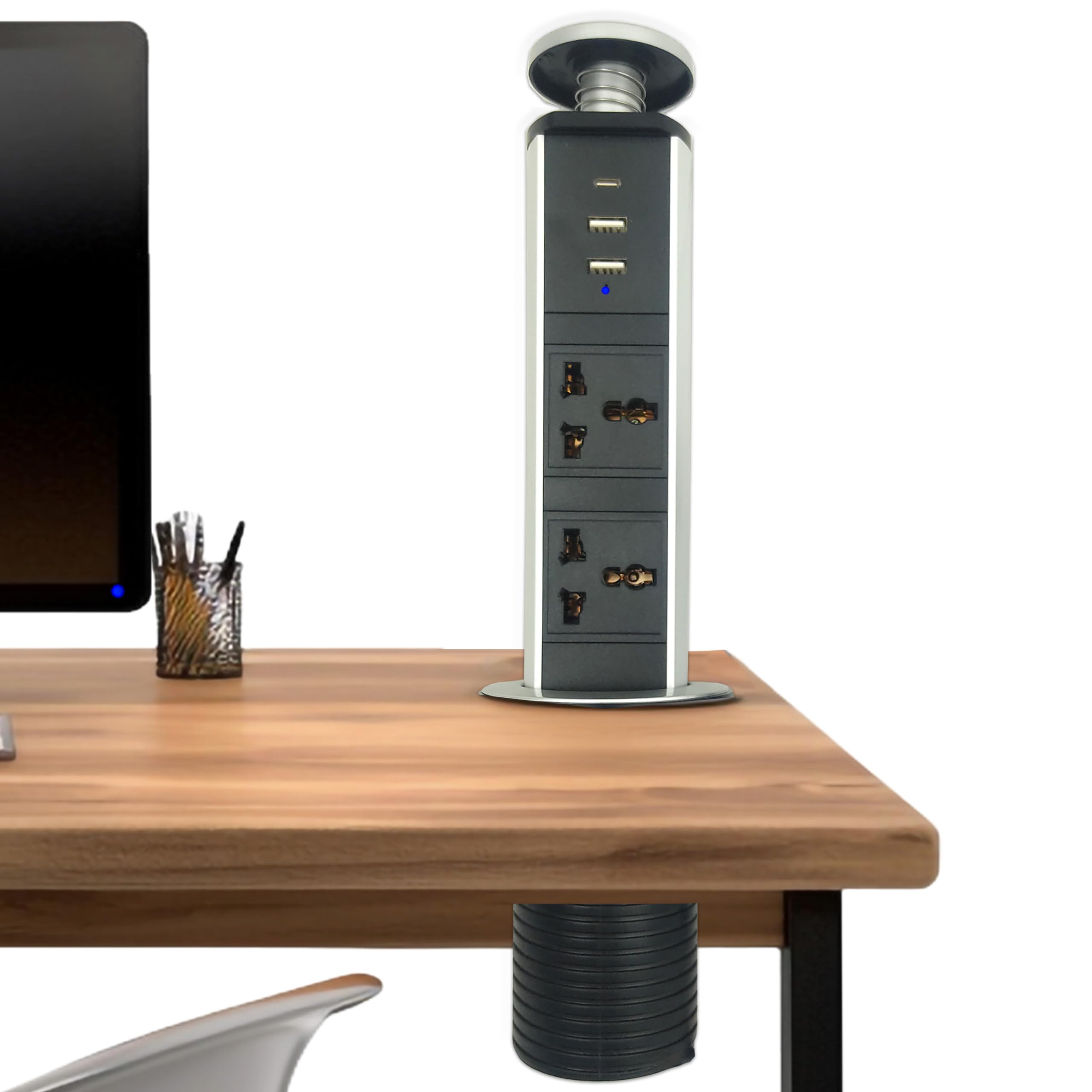 Hassan Pull Pop Up Desktop Sockets Extension with USB C (5V 18W) +2 USB Modern Convenience, Versatile Placement, Charging Countertop Pop Up Electrical Outlet (USB C + 2USB, 2 Socket Universal)