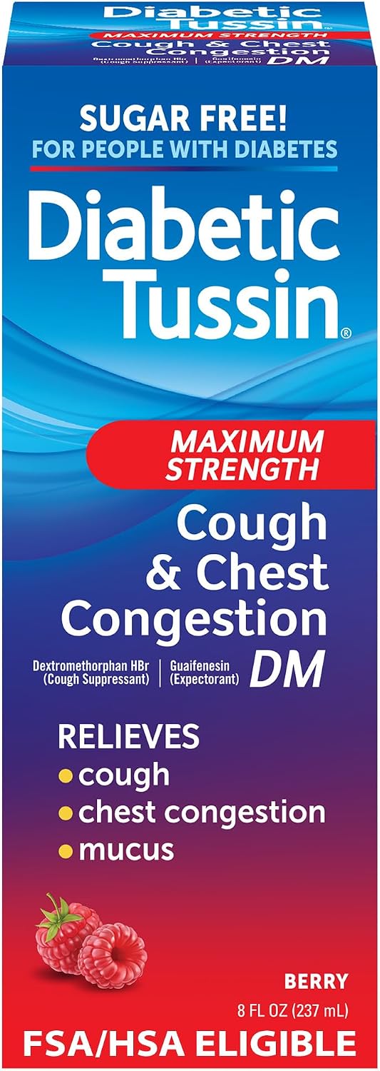Diabetic Tussin DM Max Strength Cough & Chest Congestion Relief, Safe for Diabetics, Berry Flavored, 8 fl oz. (Pack of 1)