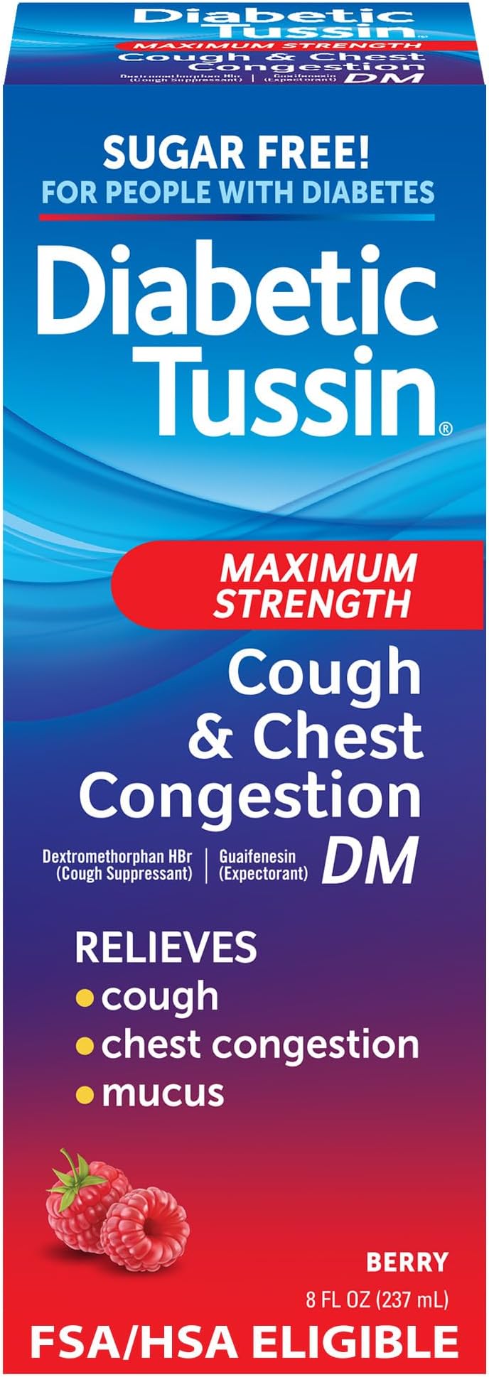 Diabetic Tussin DM Max Strength Cough & Chest Congestion Relief, Safe for Diabetics, Berry Flavored, 8 fl oz. (Pack of 1)