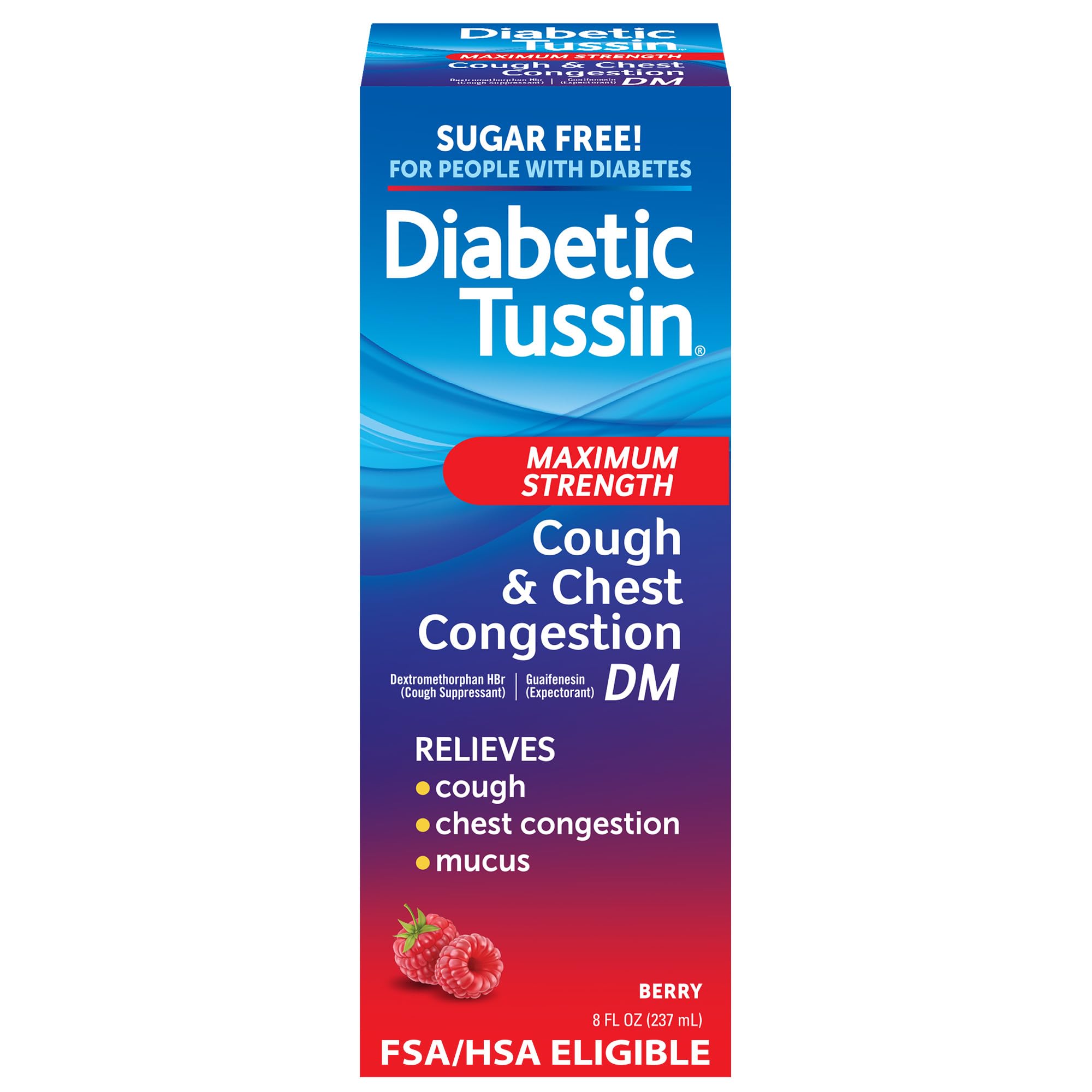 DM Max Strength Cough & Chest Congestion Relief, Safe for Diabetics, Berry Flavored, 8 fl oz. (Pack of 1)