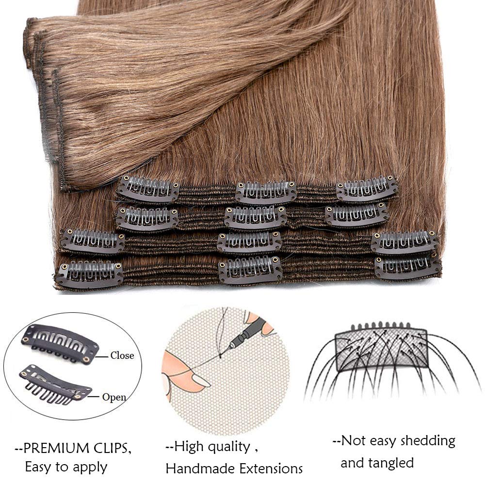 SEGO Extension Capelli Veri Clip Marrone 50cm Double Weft Volumizzante 8 Fasce Naturali 100% Remy Human Hair Lisci 150g Full Head #30 Castano Ramato Chiaro