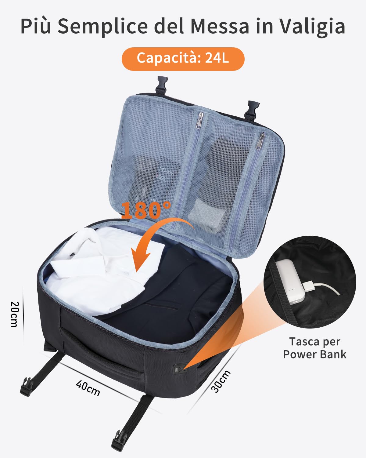 ECOHUB Zaino Ryanair 40x30x20 cm, Bagaglio a Mano 24L, 13 Tasche, Leggero | Tasca Antifurto, Sotto il Sedile, Cerniere SBS, Apertura a 180°, Resistente all'acqua, Materiale Riciclato, per Viaggi Aerei