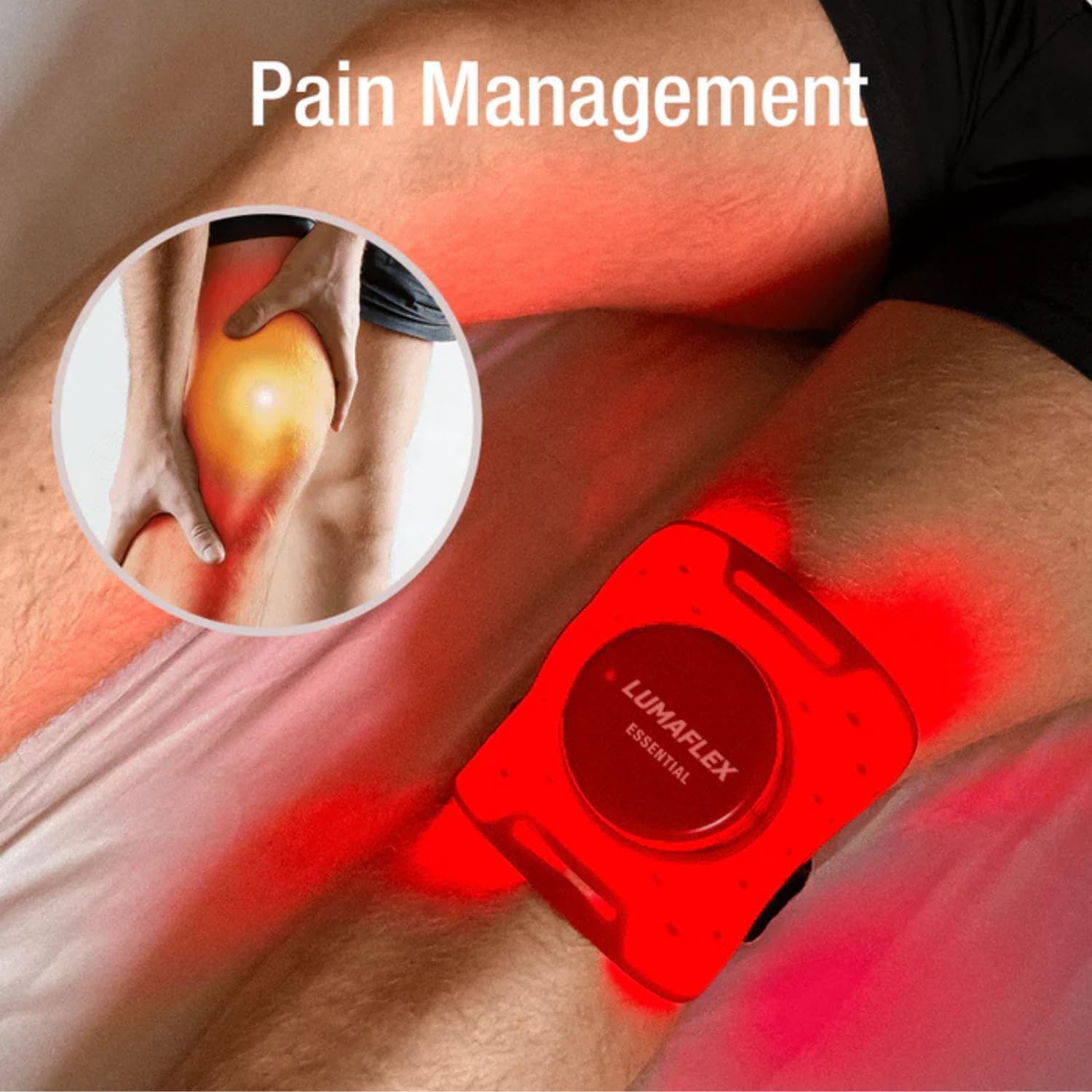 Lumaflex Essential Red Light Therapy device on a knee, with an inset graphic showing pain relief.