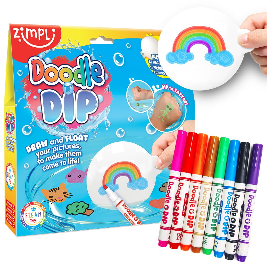 ZIMPLI Doodle N Dip, 8 x Magic Markers, Picture Paddle, Draw and Float your Pictures and add them as Temporary Tattoos, Magical Water Colour Painting Pens