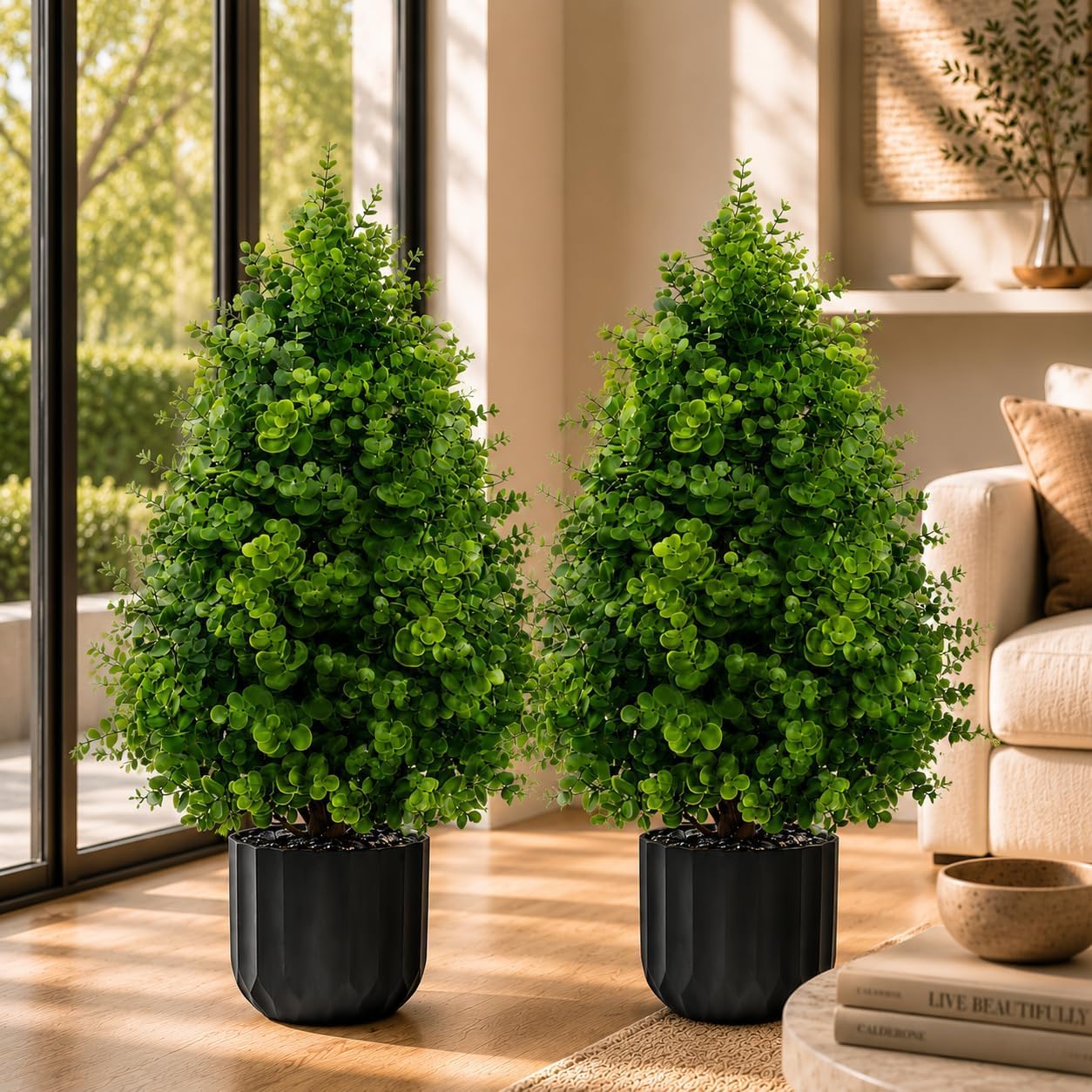 2PACK Artificial Boxwood Topiary Trees Oudoor Indoor in Pot,70CM Potted Faux Shrubs Plants with Planter,Fake Tree Evergreen Artificial Plants,Wood Trunk for Front Porch Garden Room Decor
