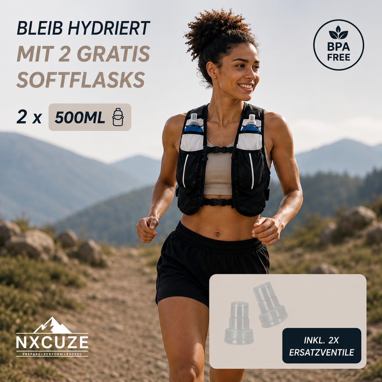 NXCUZE® Premium Laufweste Damen & Herren mit 2X 500ml Trinkflasche – Laufweste mit Trinkflasche / Trinkrucksack & Laufrucksack zum Laufen, Joggen & Trailrunning – Ultraleicht & verstellbar