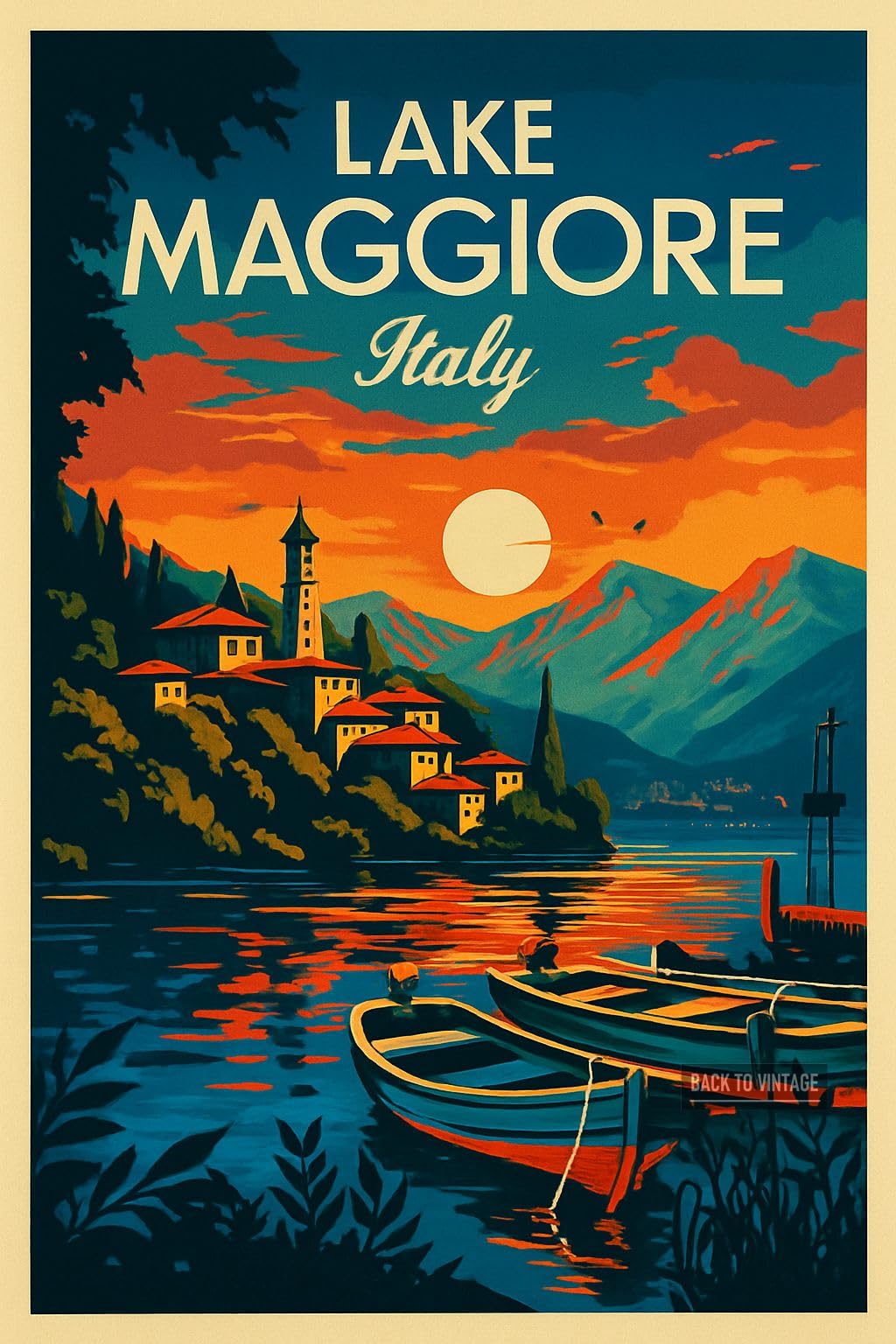 Vintage Travel Poster Depicting Sunset Over Lake Maggiore_result - A4 Travel City Poster Wall Art Home Decor Art Print Featuring Urban Landmarks and Global Views for Stylish Interior Display