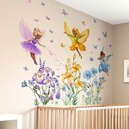 Miniatura 6 de 3 calcomanías de pared para niña de hadas, calcomanías de pared de flores, calcomanías de flores para despegar y pegar, calcomanías de pared para