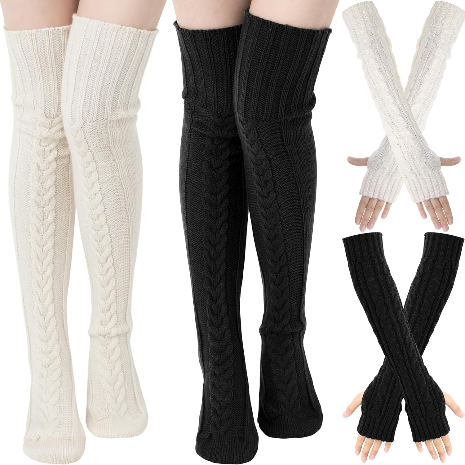 Chicingyou 4 Sets Woman's Knee High Socks Long Knitted Arm Warmers Set over Knee Leg Warmers Knit Fingerless Gloves