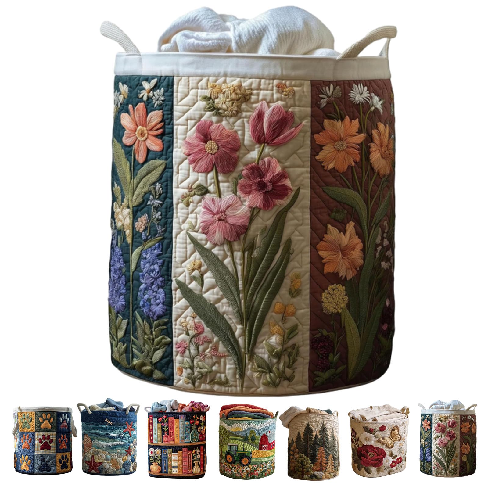 Large Quilted Laundry Basket Foldable Laundry Hamper with Handles Cute Boho Quilted Storage Basket, Quilted Laundry Basket Boho Fabric Floral Storage Hamper for Clothes Toys