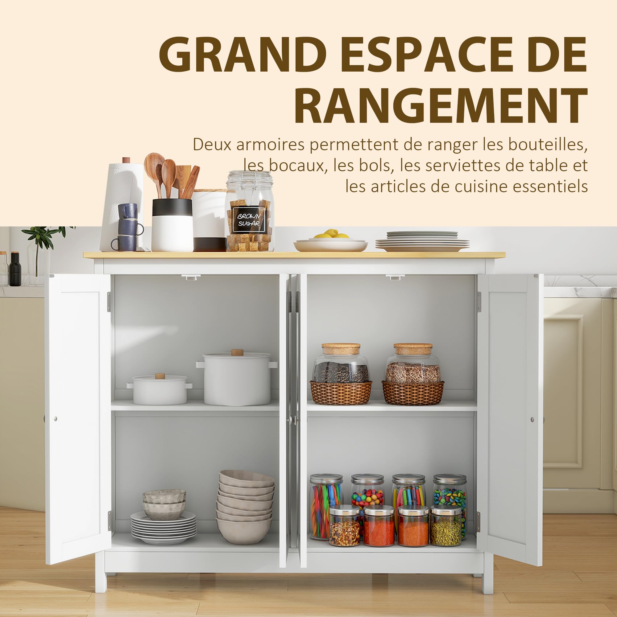 HOMCOM îlot Central de Cuisine avec 2 tabourets, Ensemble Table et Tabouret de Bar, avec 2 armoires, Rangement et Plan de Travail Rabattable, 4 Portes, Design Moderne, Blanc