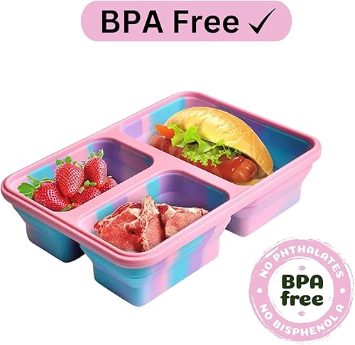 Miniatura 5 de Caja Bento plegable para adultos, niños, 3 compartimentos, hogar, oficina, escuela, trabajo, comidas para llevar, almuerzo, aperitivos, portátil,