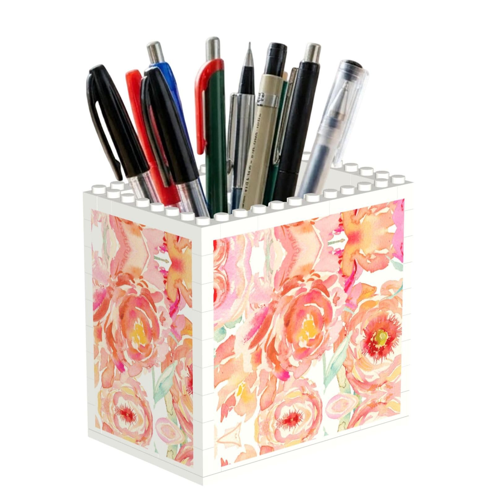 SATUSA Peach Peony Print Building Block Texture Pen Holder - Pencil Holder For Desk Pen Organizer,Aesthetic Desk Accessories For Women(1pcs)