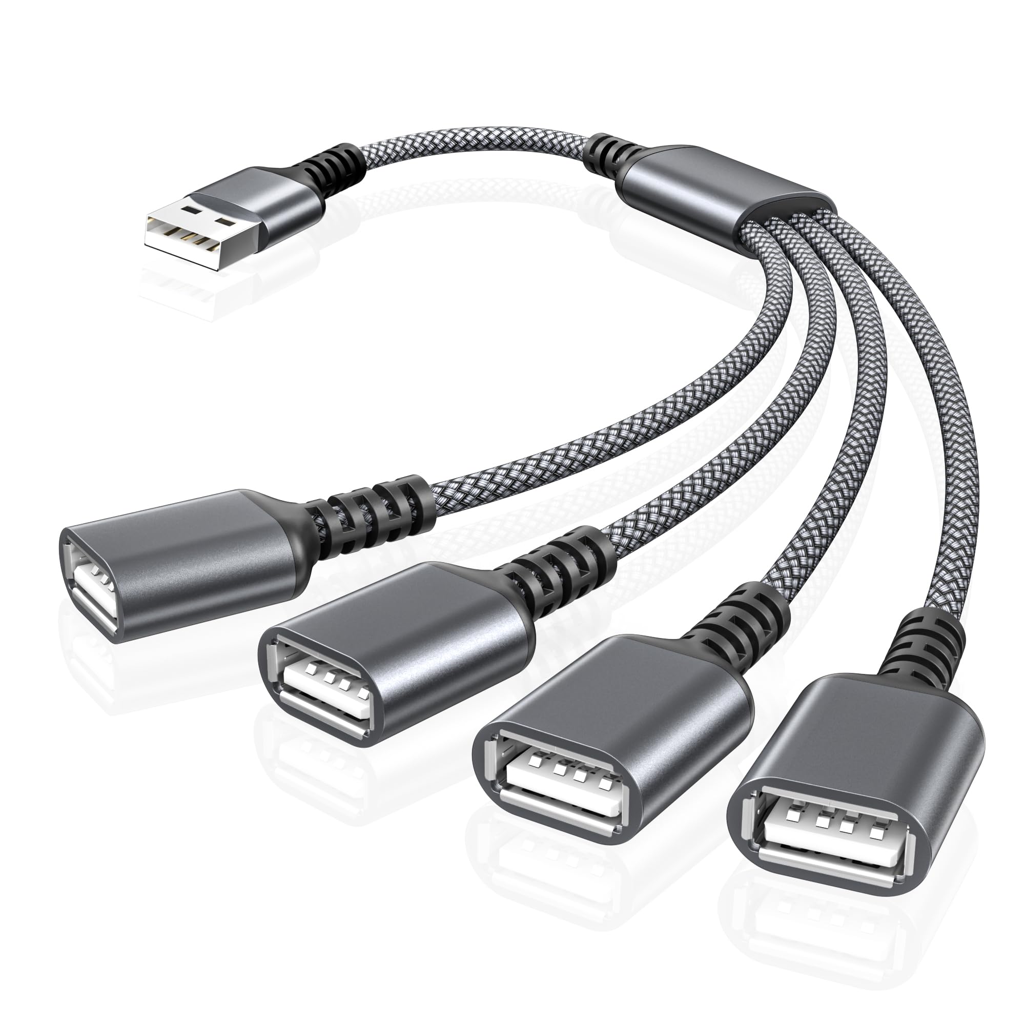 Basesailor USB Splitter 1 In 4 Out 1FT,USB Y Cable,USB A Male to Four Female Extension Cord Adapter,4 Port Multi Multiport Extender Hub,Double Dual Data Power Charger Split For Car,Xbox,PS4,PS5,Laptop