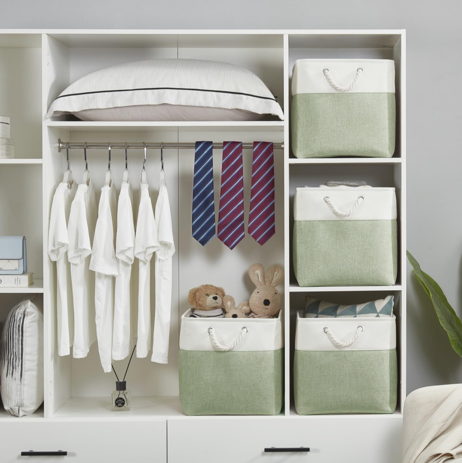 Kallax Lot de 4 boîtes de rangement en tissu pour jouets, chambre d'enfant, vêtements, placard, 33 x 38 x 33 cm (vert/blanc)