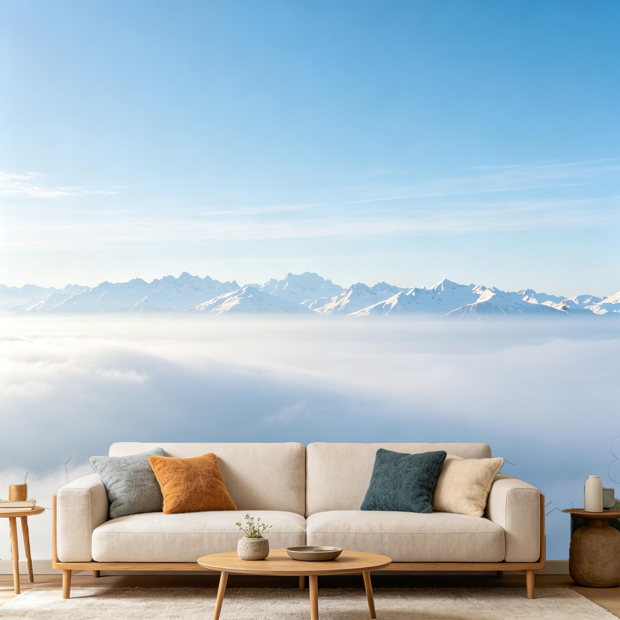 Custom Size Wall Mural， Snowy Mountain Peak Above Clouds Landscape Nature Scenery， SelfAdhesive Art Prints wall Fabric Removable Large Wallpaper Home Living Room Decor