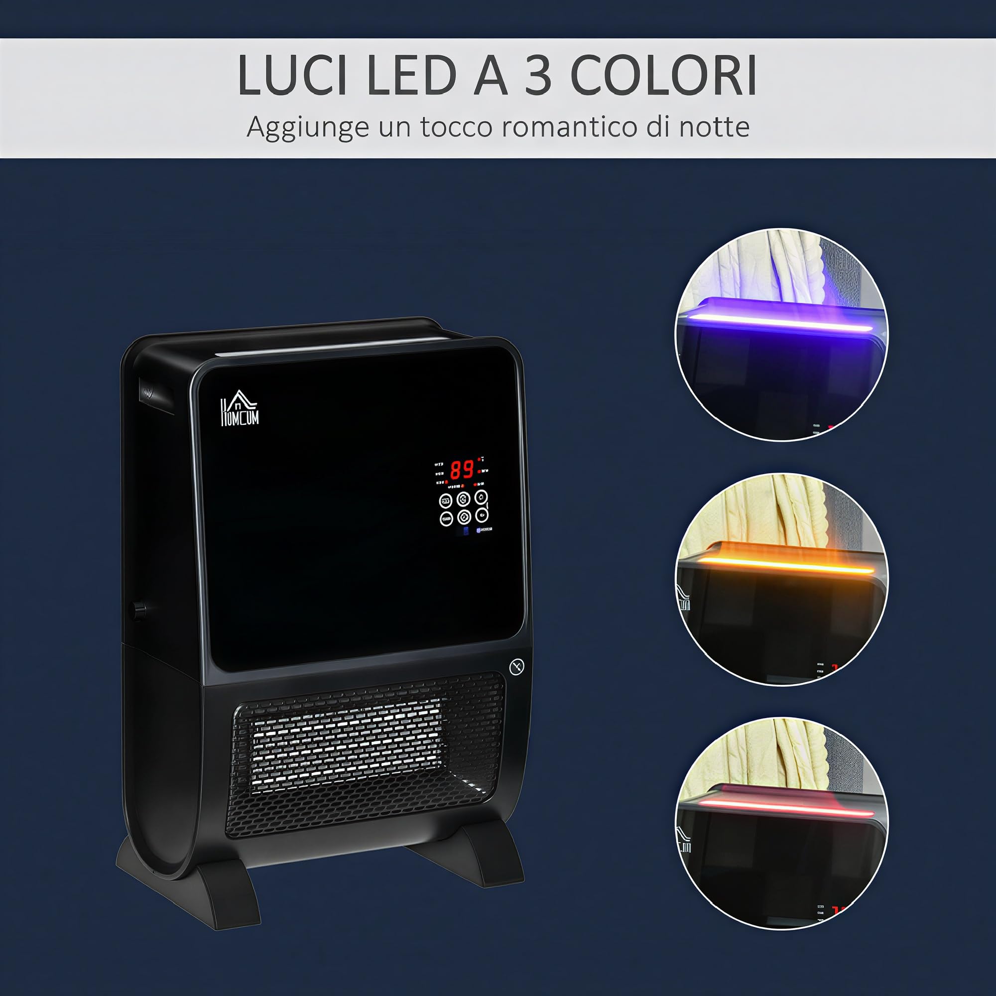 HOMCOM Stufa Elettrica 2 in 1 con Umidificatore LED 33x21x49.5cm Nero
