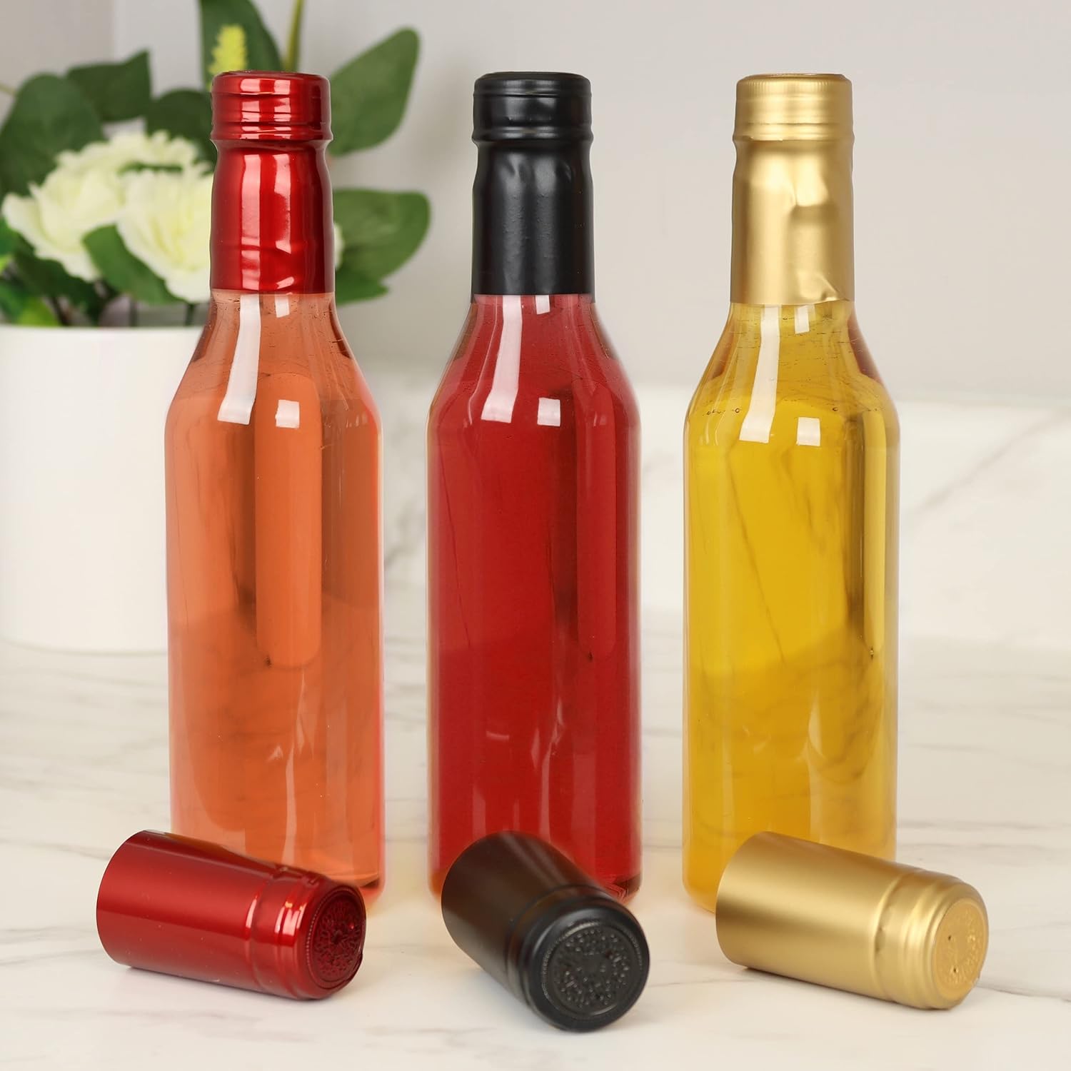 Pellah PET Plastic Bottles and caps,12 Oz 375 ml, 12 Sets, With Screw Closures Lids And Heat Shrink Seals, For Hot Sauce Wine Alcohol Juice (Gold Shrinks)