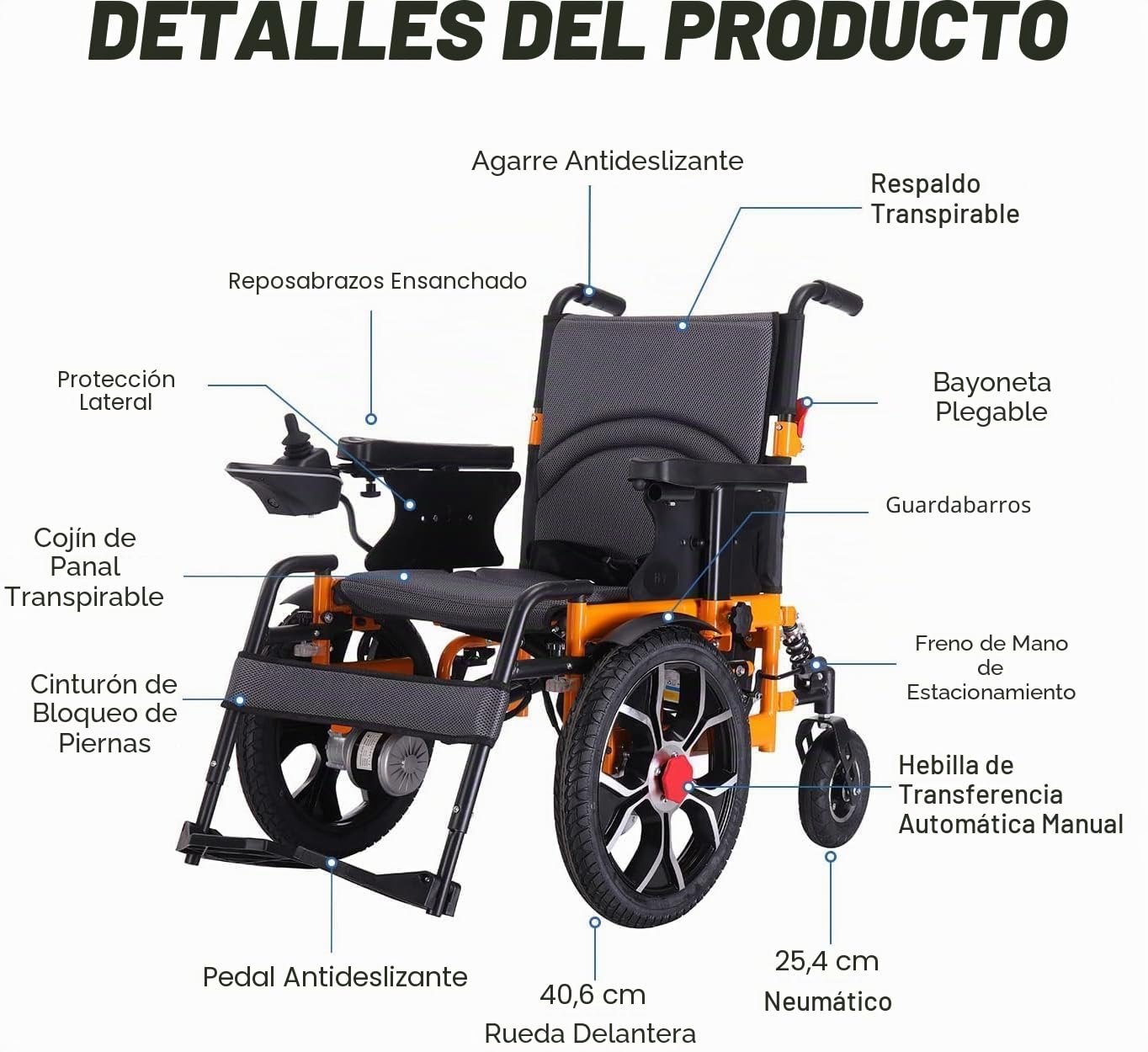 Silla de ruedas eléctrica de 40 cm con rueda delantera grande para adultos, 50 cm de ancho de asiento para todo terreno, silla de ruedas motorizada plegable de 500 W, 150 kg, control trasero incluido