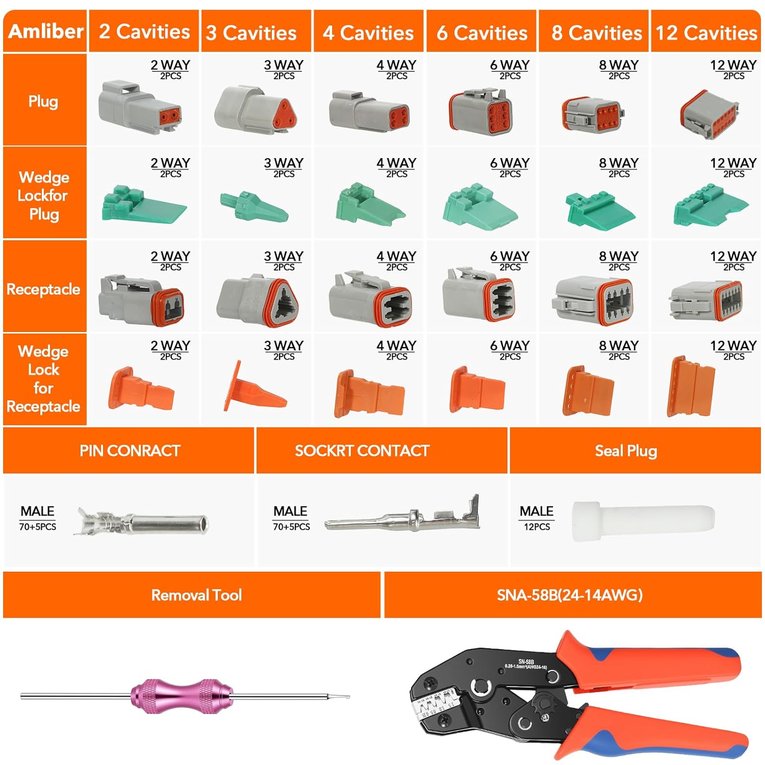 212Pcs 12 Kits DT Connector with Crimping Tool & Terminal Removal Tool for Deutsch Connector Kit, 2 3 4 6 8 12 Pin Automotive Electrical Connectors with Size 16 Stamped Contacts, All-in-one Storage