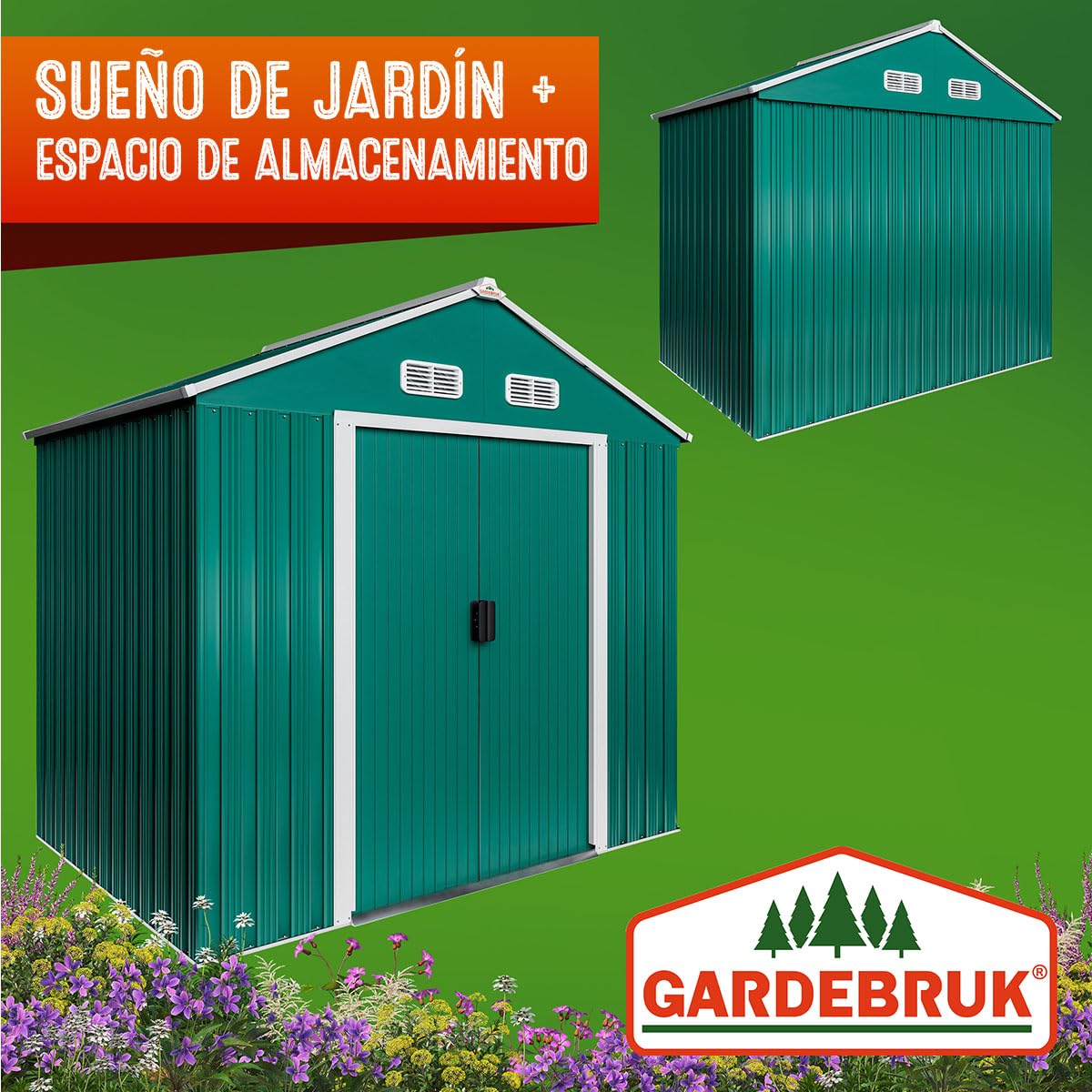 GARDEBRUK® Cobertizo de Jardín Exterior con Base 2m² Caseta Acero Galvanizado 200x135x190cm XL Puerta Corredera Techo Dos Aguas Ventilación Resistente Intemperie Almacenamiento Orden 4 Ganchos Verde