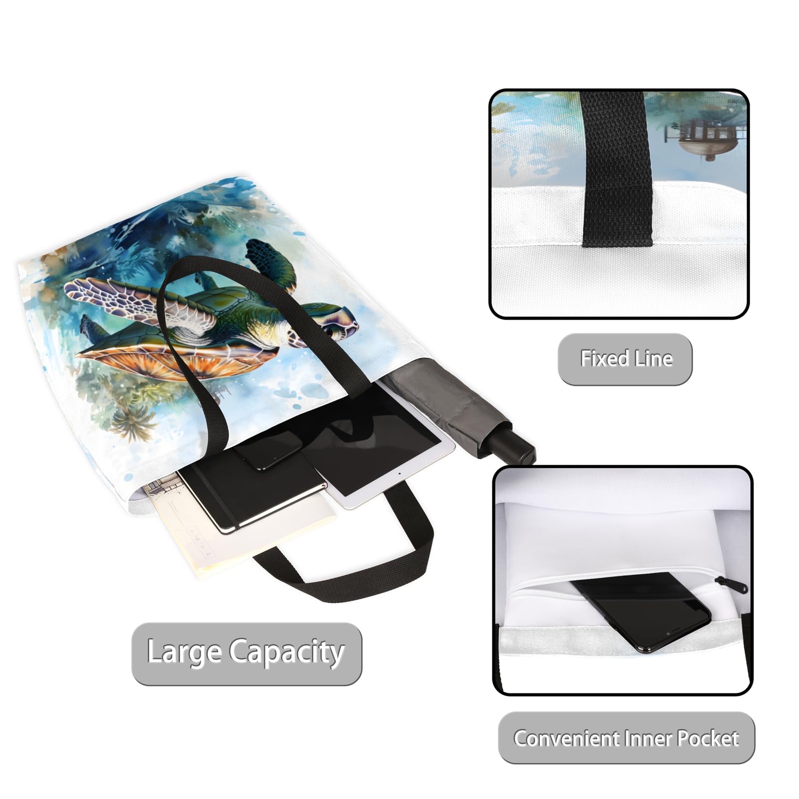 Mularoka Watercolour Turtle Large Capacity Canvas Tote Bag Stylish Handheld Shoulder Bag Reusable Shopping Bag for Work Travel Beach Trips Shopping