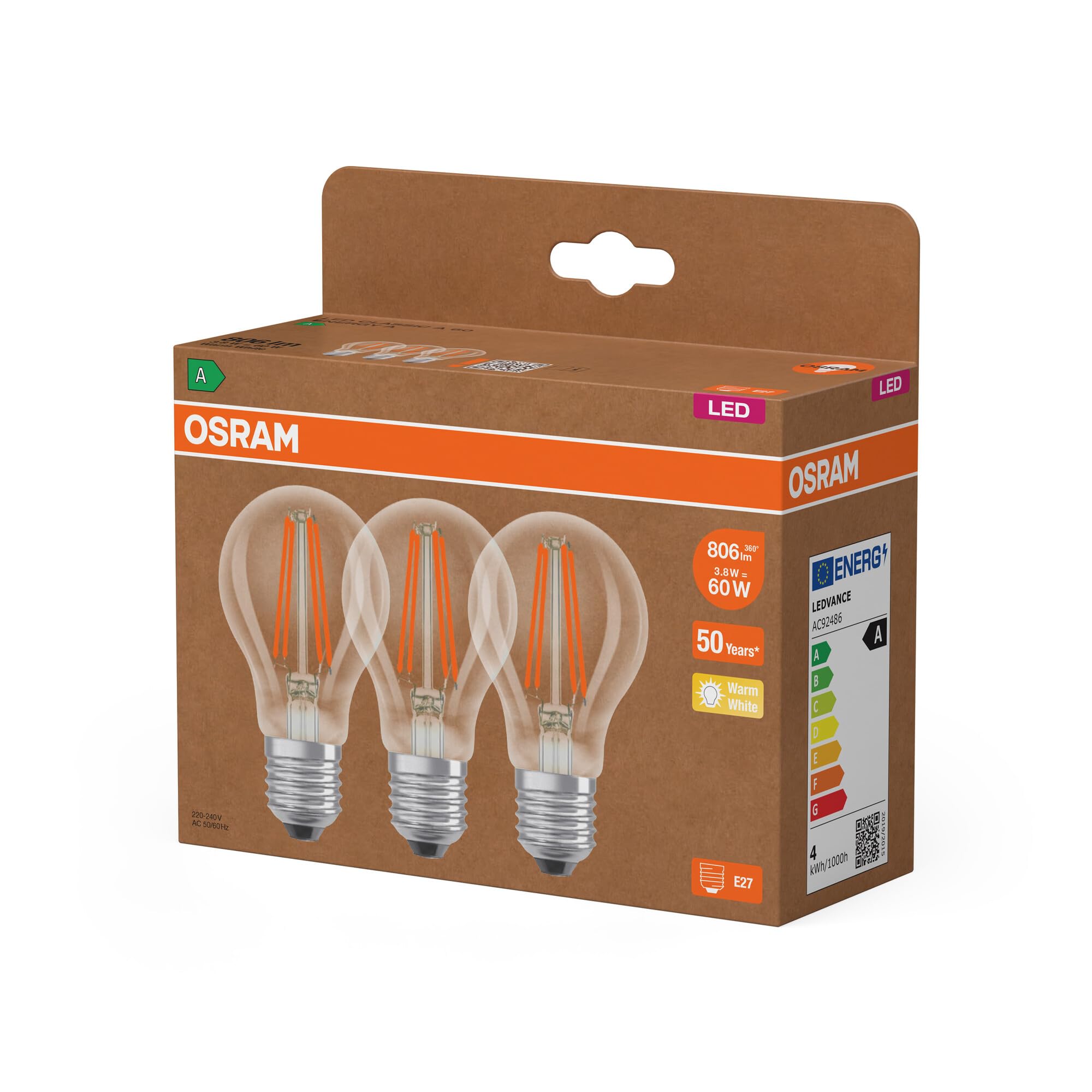 Osram Hocheffiziente LED Lampen mit Energieeffizienz Klasse A, Vorteilspack mit 3 Leuchtmittel, ersetzt herkömmliche 60W Glühbirnen… – Ansicht 4