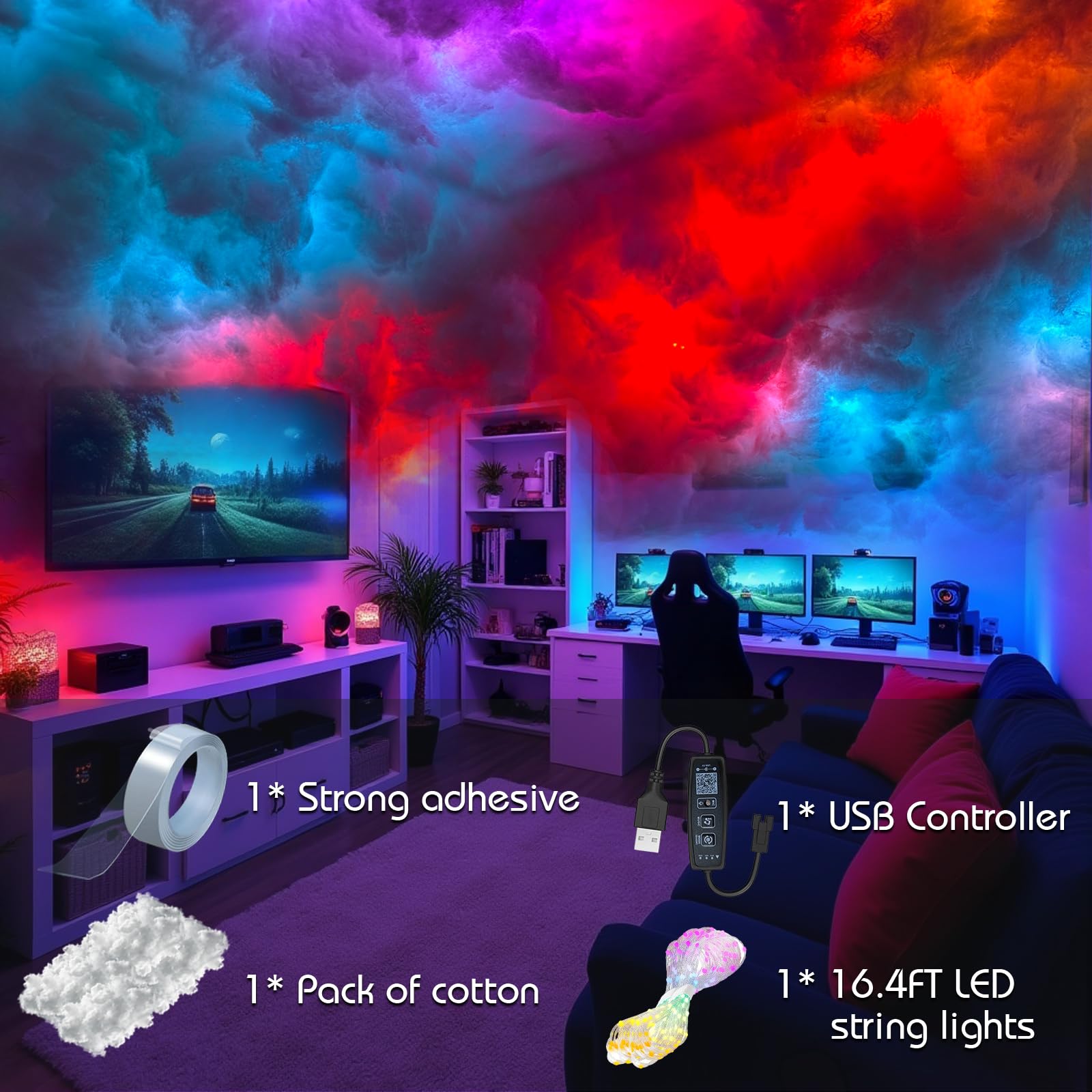 Luce LED Thundercloud in cotone 3D USB, fai da te RGB+IC che insegue le luci della nuvola del soffitto con APP e telecomando per la decorazione della stanza