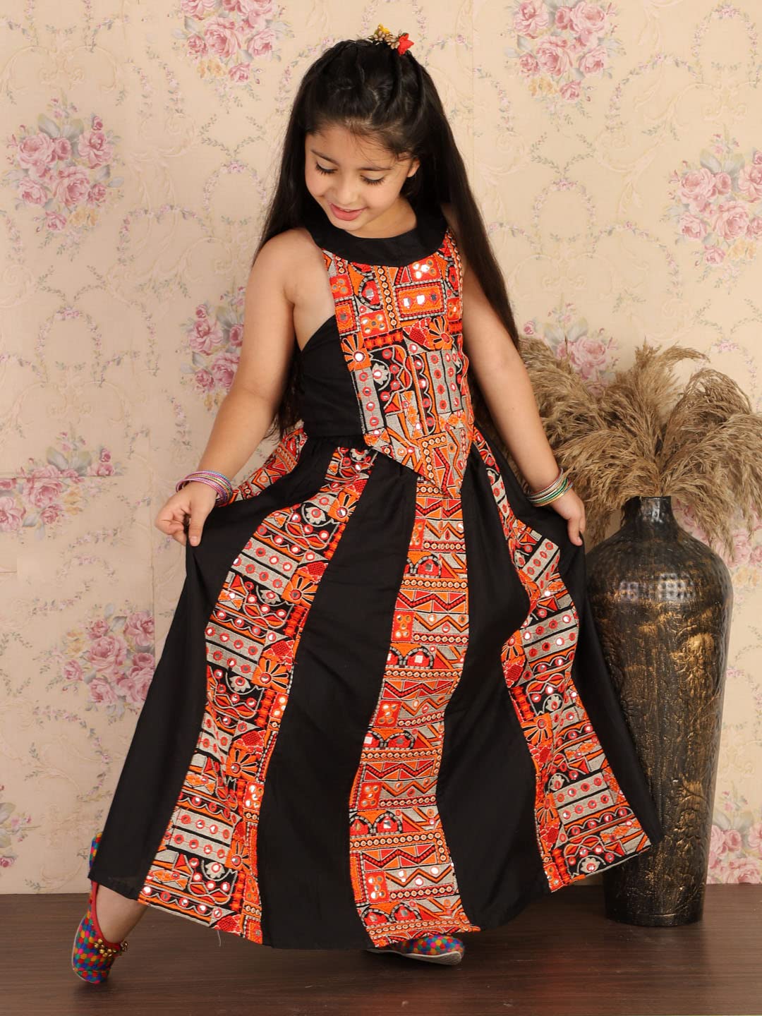 JBN Creation Lehenga Choli de algodón de seda para niña (VASGLC027_32_Rojo, verde botella y oro_8 9 años)