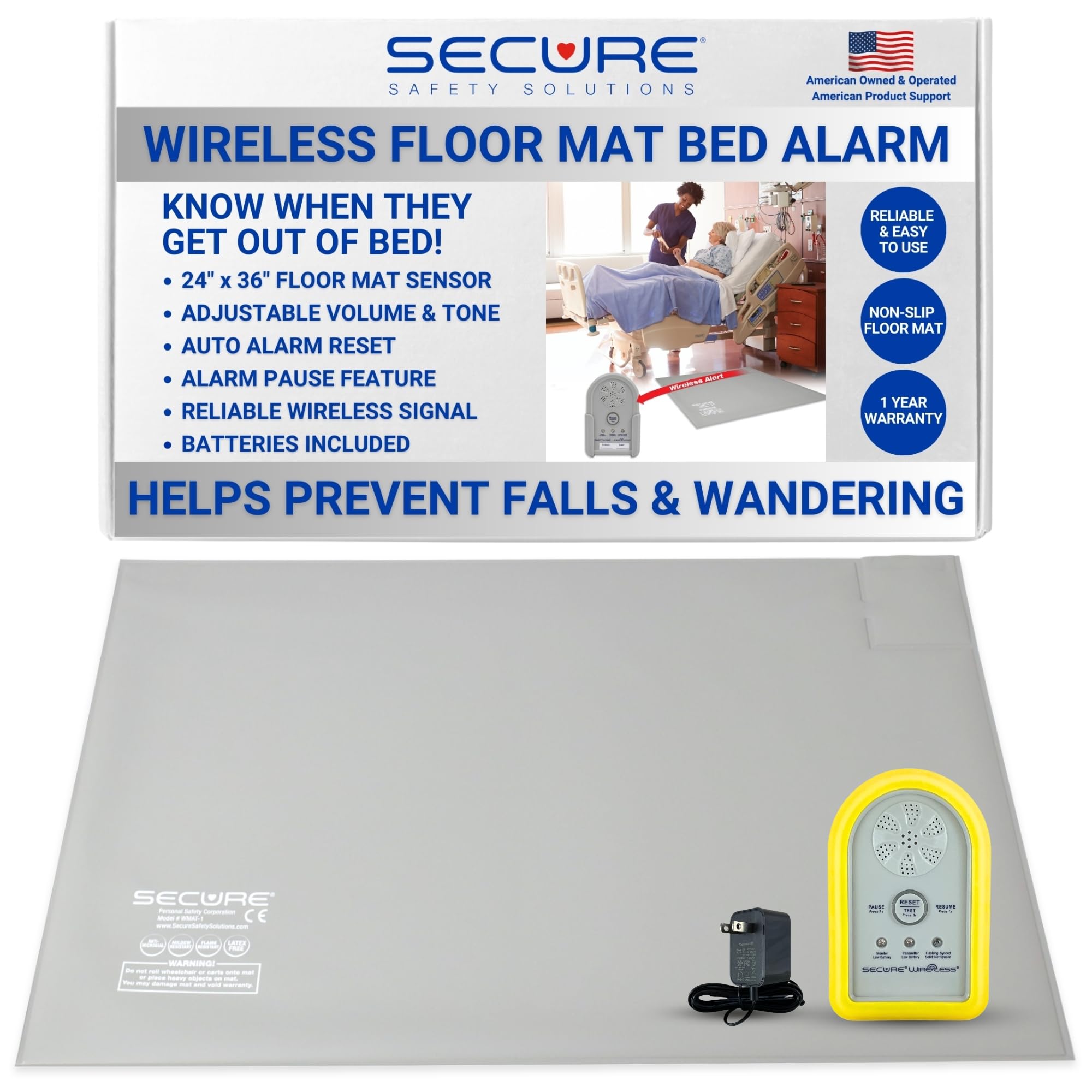 Secure Safety Solutions Bed Alarm for Elderly Adults Fall Prevention - 24x36 Floor Mat Sensor, Cordless Monitor, Power Adapter - No Noise in Room - Caregiver Alert System for Elderly Dementia Patients
