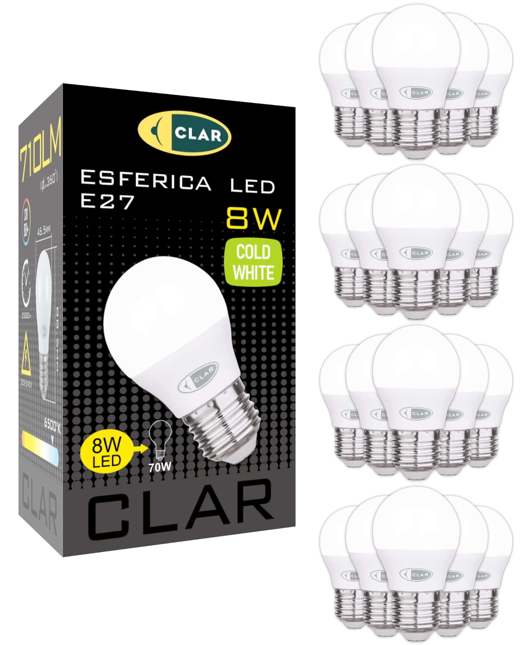 CLAR - Ampoule LED E27 8W, Petite Ampoule LED E27 6000K, Équivalent 60W-70W Blanc Froid 6000K (Pack 20)