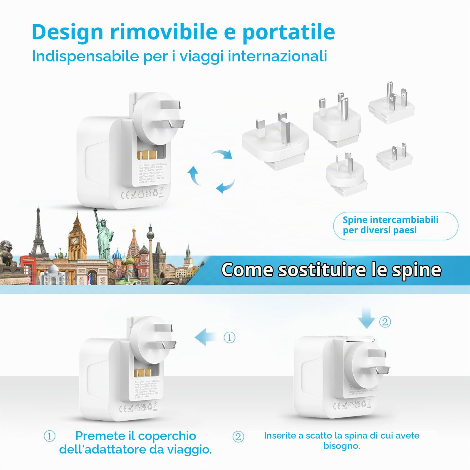 JSVER Adattatore di viaggio JSVER 6 in 1 con 2 porte USB-A e 2 porte USB-C per Stati Uniti — immagine 6 di 16