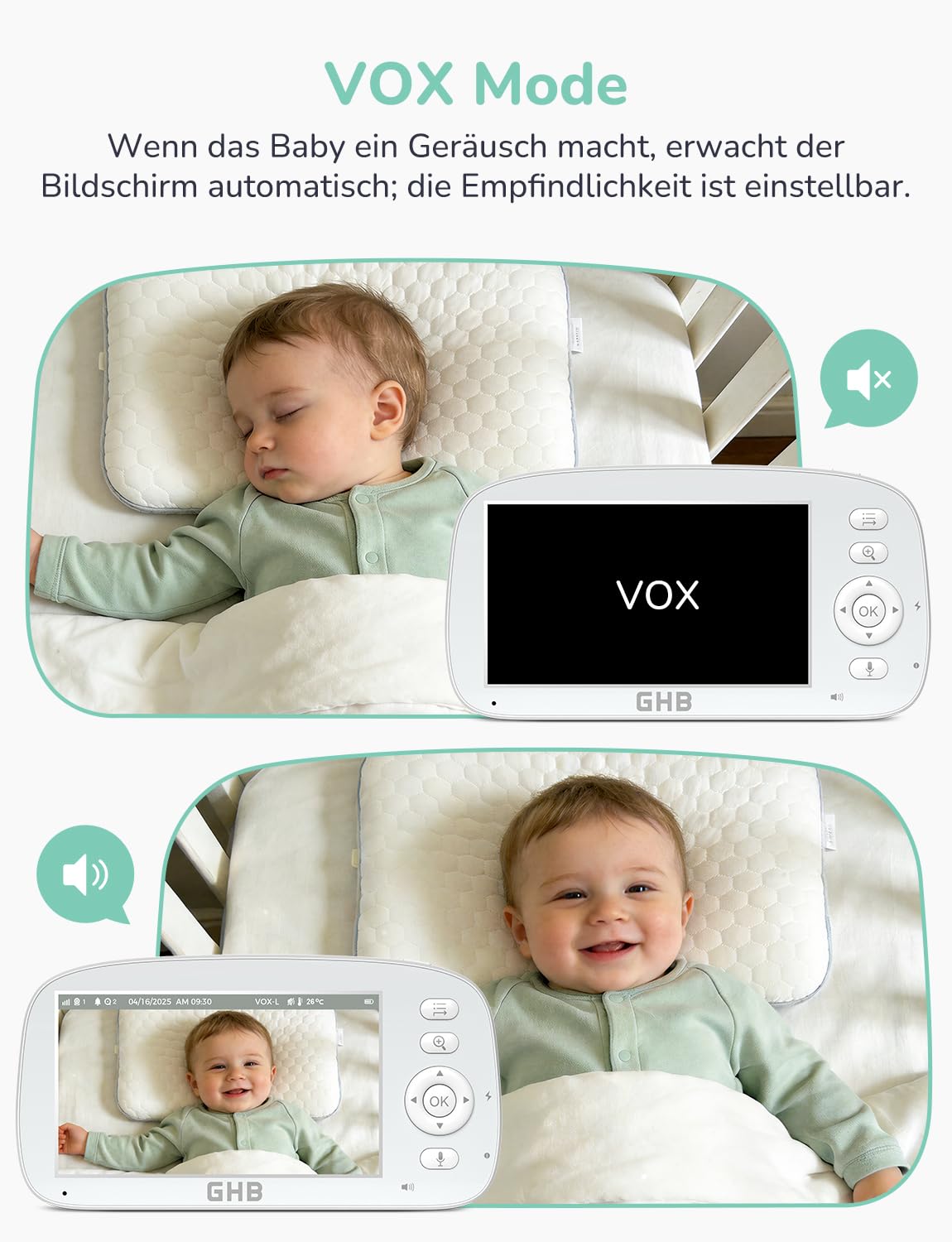 GHB Babyphone mit Kamera 5 Zoll 720P HD Kamera IPS Display mit 5000mAh Akku 4X Zoom 2-Bildschirm-Split Pan/Tilt 350°/110° Nachtsicht Wiegenlied
