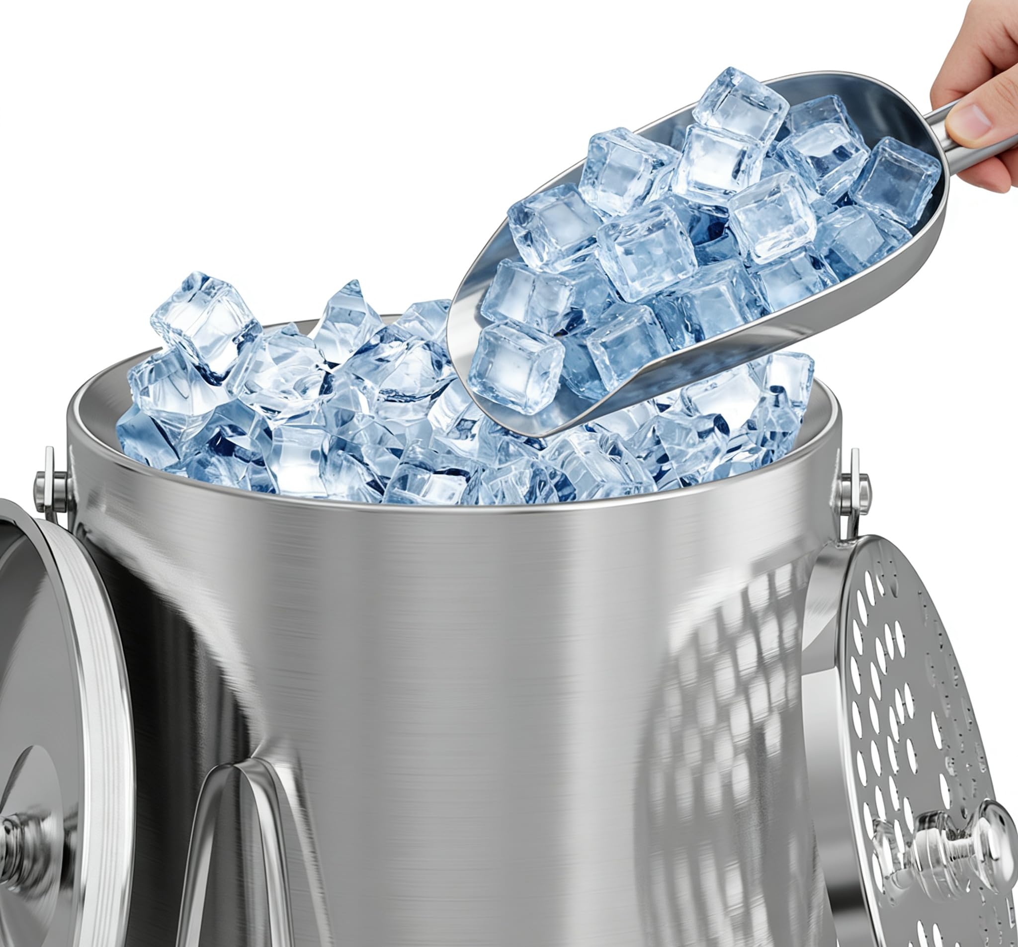 Secchiello per ghiaccio per feste, 3 litri, isolato, con coperchio, paletta per ghiaccio e colino, per cocktail bar, portatile, in acciaio inox, a doppia parete, mantiene il ghiaccio freddo e