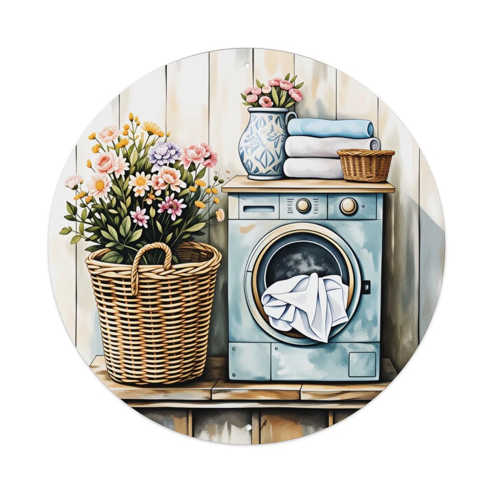 Floral Basket Washing Machine Towel Vase Metal Tin Sign Vintage Garden Bedroom Cafe Bar Man Cave Home Wall Decor Metal Poster 8x8 inches
