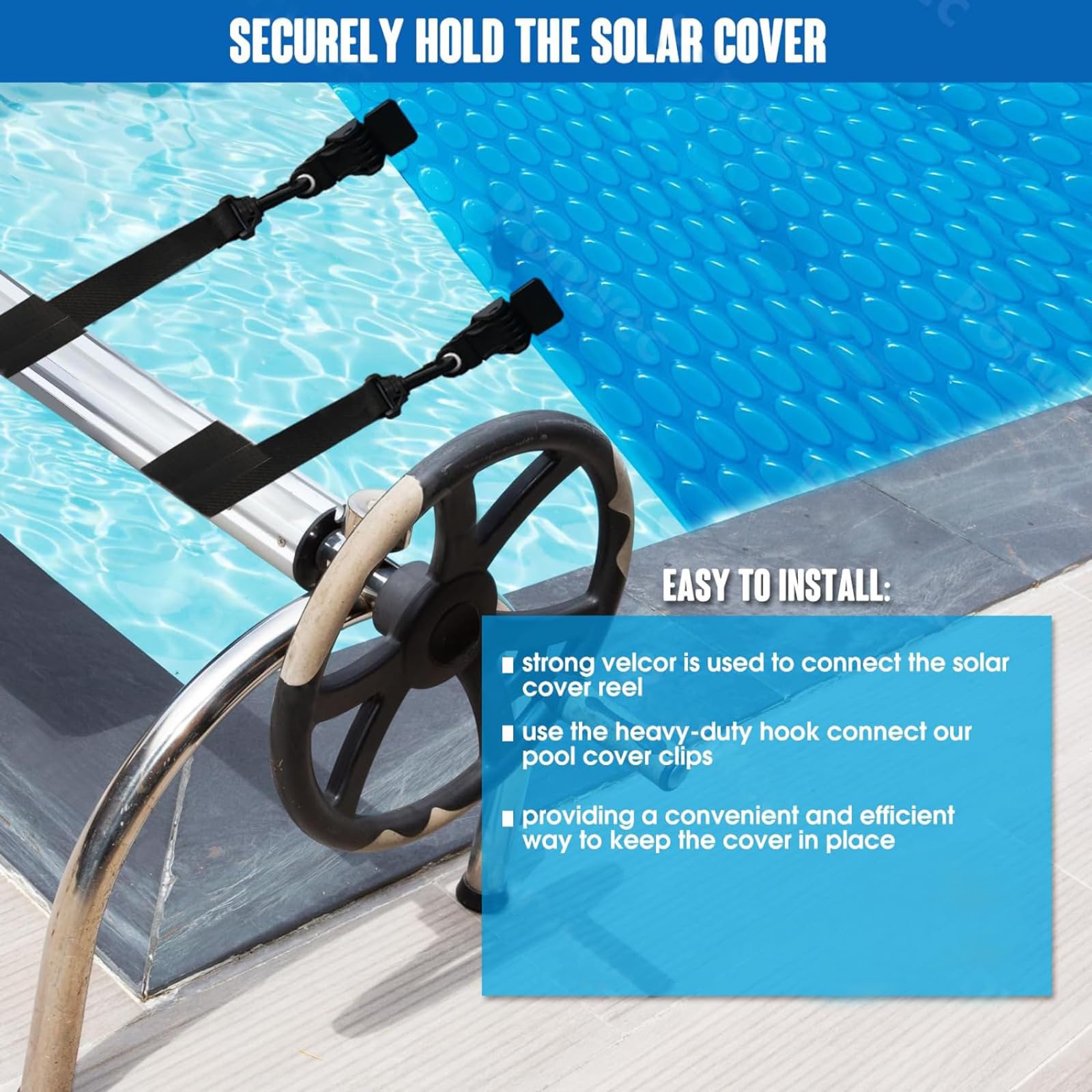 Correa para enrollador de piscina, juego de 6/8 correas de protección para lona de piscina, carrete de piscina, juego de 6/8 bandas de fijación y abrazaderas, accesorios de piscina (juego de 8 piezas)