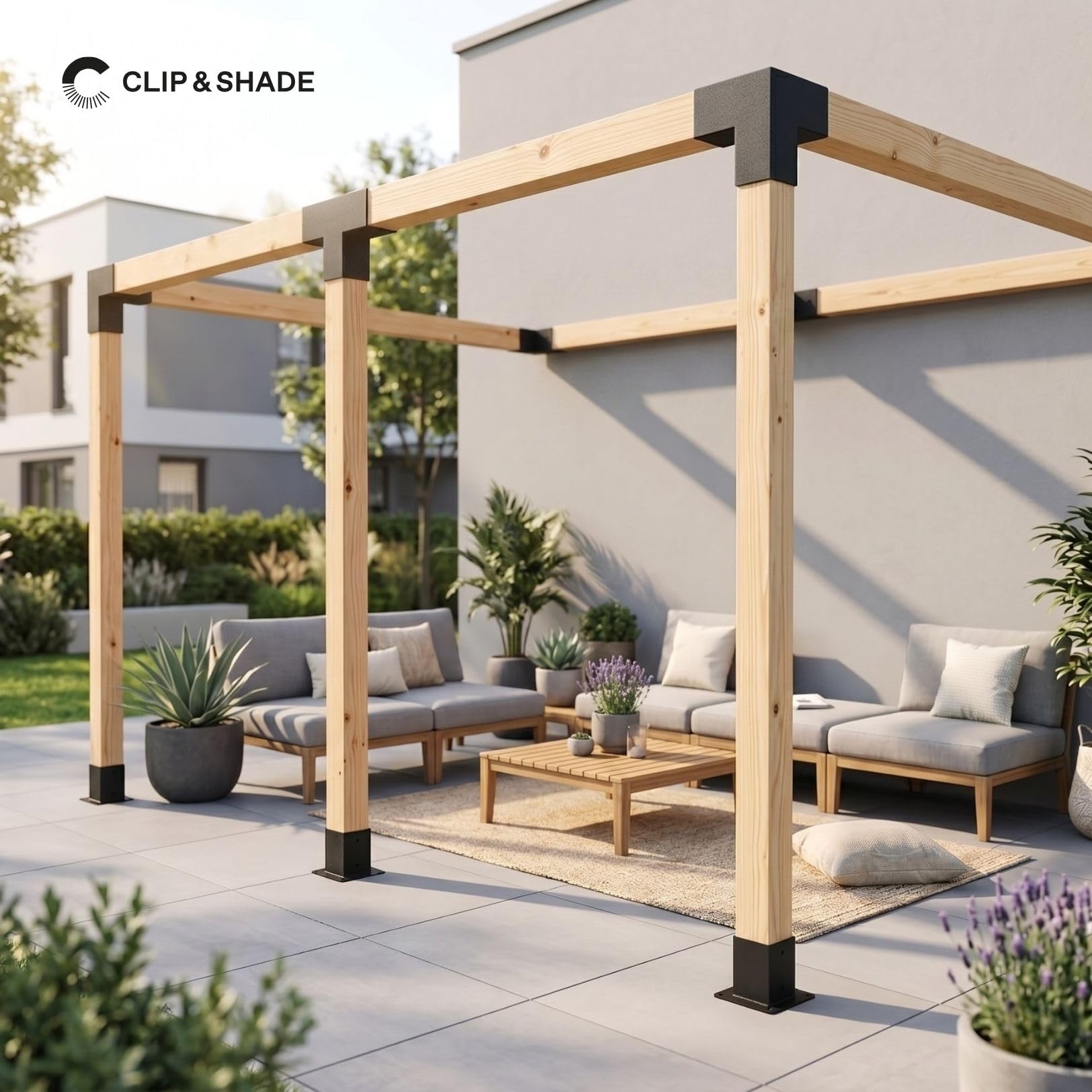 CLIP & SHADE - Juego de 4 soportes para postes de madera, 100 x 100 cm, conector de esquina en L de 2 vías para postes de madera, zapatos de vigas 10 x 10, galvanizado y recubierto de polvo, conector