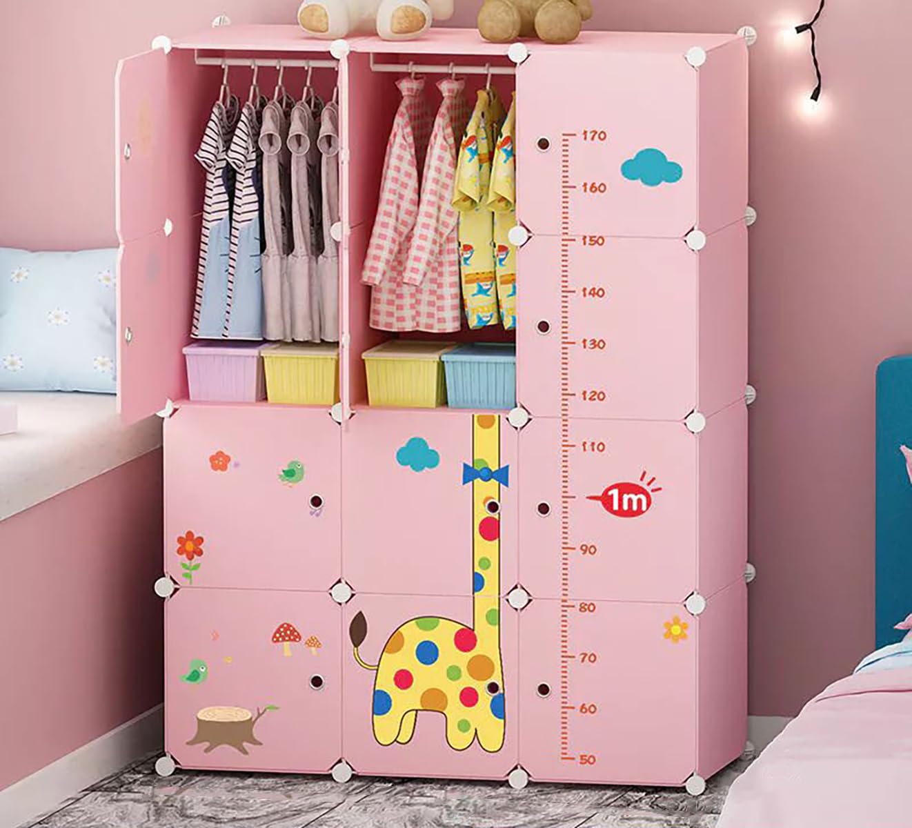 Sunderlook Plastic Wardrobe for Kids Clothes – Collapsible Wardrobe, Easy to Use Anti-Skid & Non-Slip Effective Professional Foldable Plastic Cupboard for Kids, Home (Pink-R4, 12 Door)